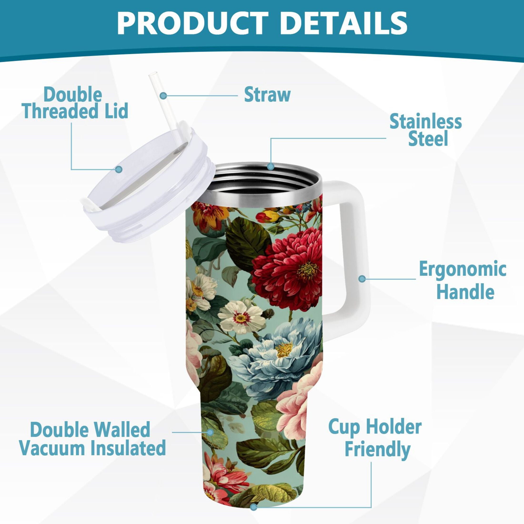 40 oz Insulated Stainless Steel Tumbler Double Wall Stainless Steel Tumbler with 2-Way Drinking Floral Pattern with Roses - UEG8