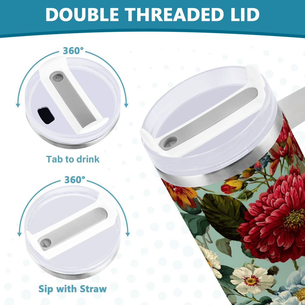 40 oz Insulated Stainless Steel Tumbler Double Wall Stainless Steel Tumbler with 2-Way Drinking Floral Pattern with Roses - UEG8
