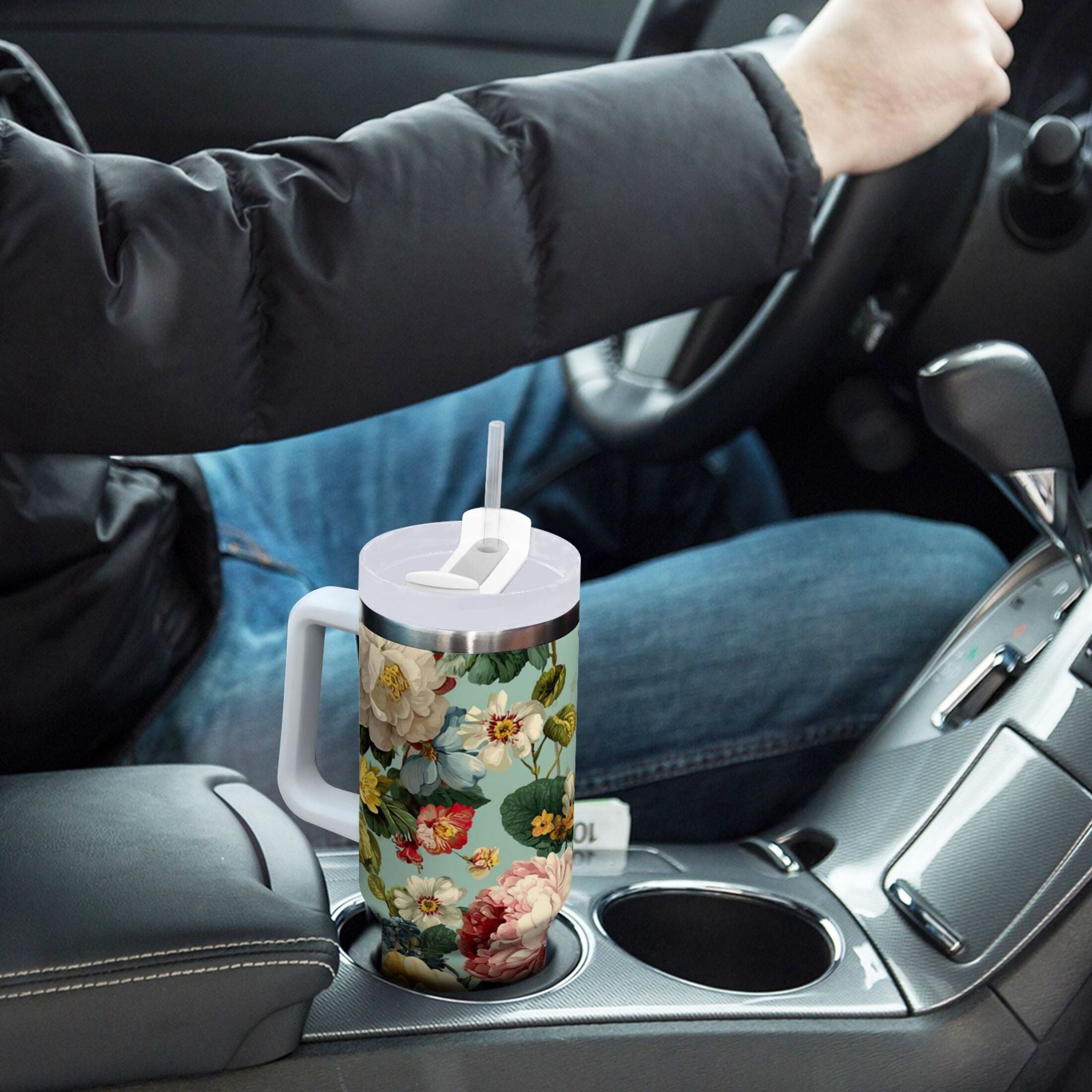 40 oz Insulated Stainless Steel Tumbler Double Wall Stainless Steel Tumbler with 2-Way Drinking Floral Pattern with Roses - UEG8