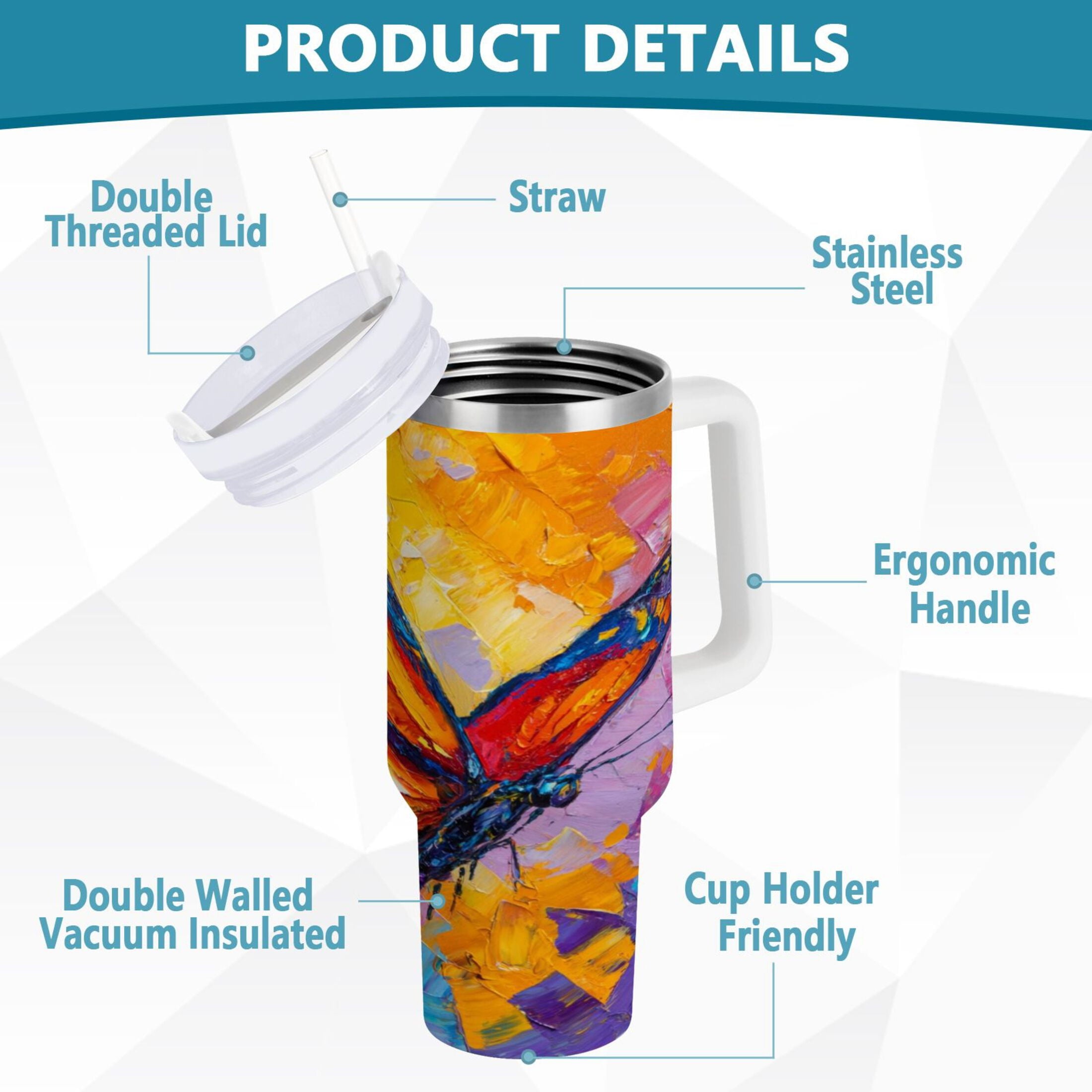 30 oz Insulated Stainless Steel Tumbler Double Wall Stainless Steel Tumbler with 2-Way Drinking Colorful Butterfly Flying - GFA3