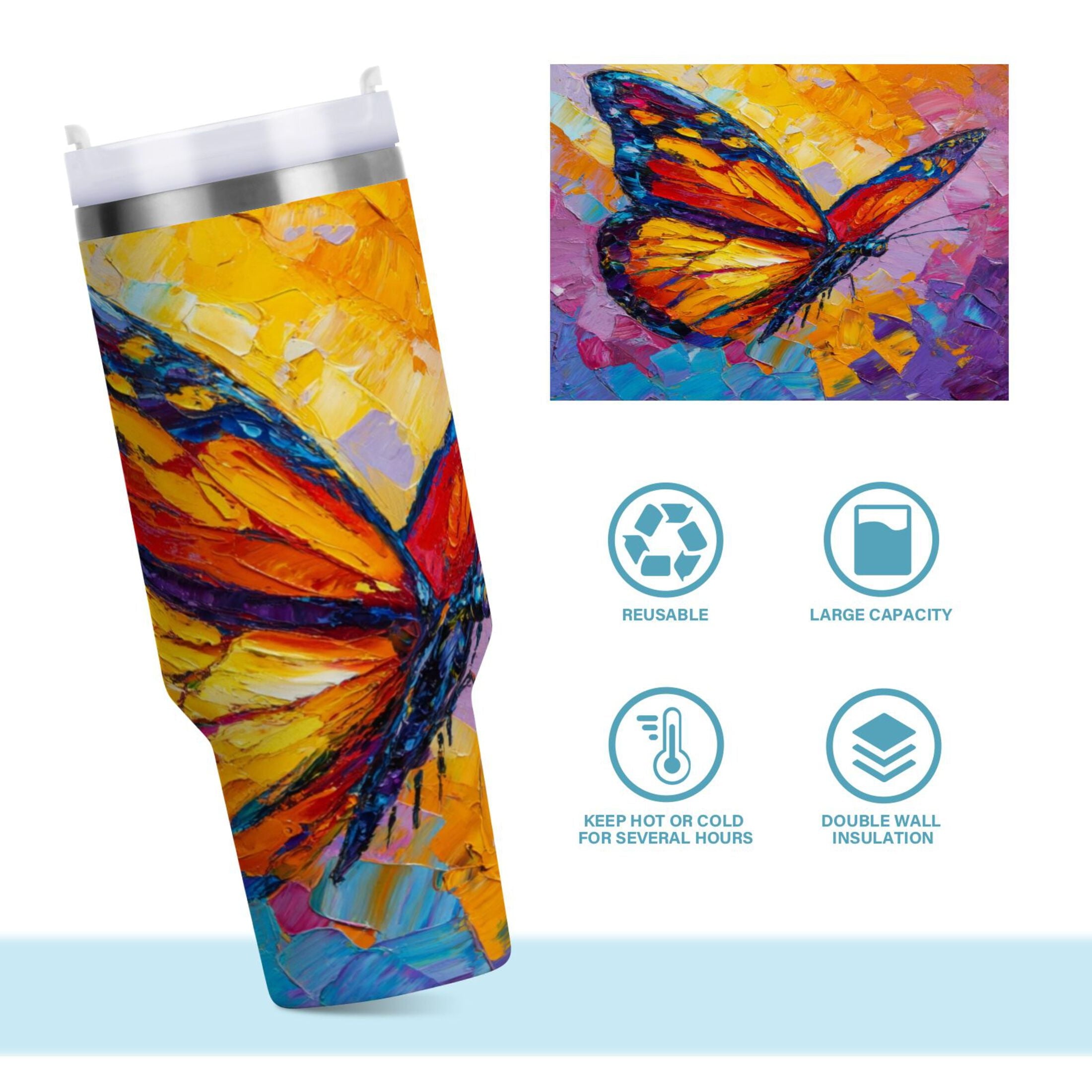 30 oz Insulated Stainless Steel Tumbler Double Wall Stainless Steel Tumbler with 2-Way Drinking Colorful Butterfly Flying - GFA3