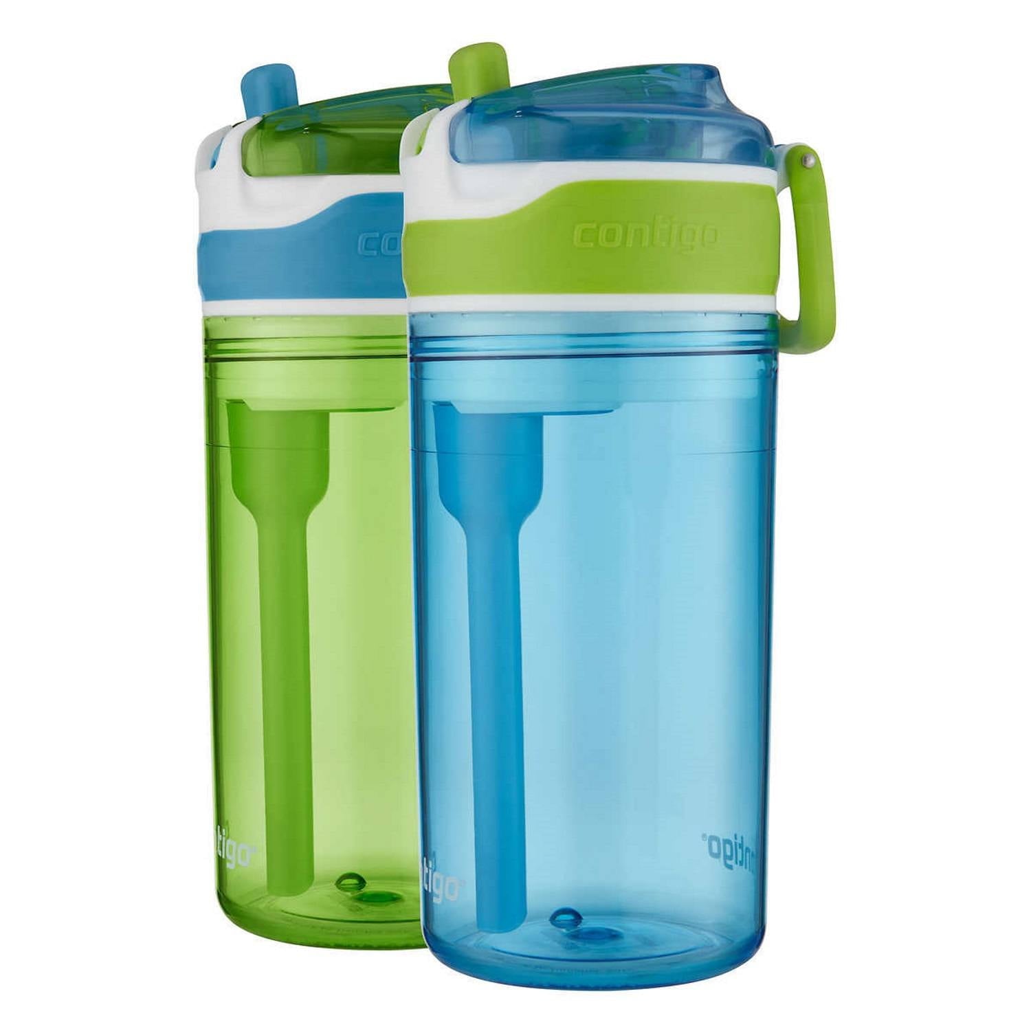 Contigo Kids 2-in-1 Snack Hero Tumbler Featuring 4oz Snack Holder Stacked on Top of 13oz Water Bottle - BPA Free, Durable Tritan w/Flexible Carry Handle &amp; Spill-Proof Valve, Green &amp; Blue – 2 Pack - L5PZ
