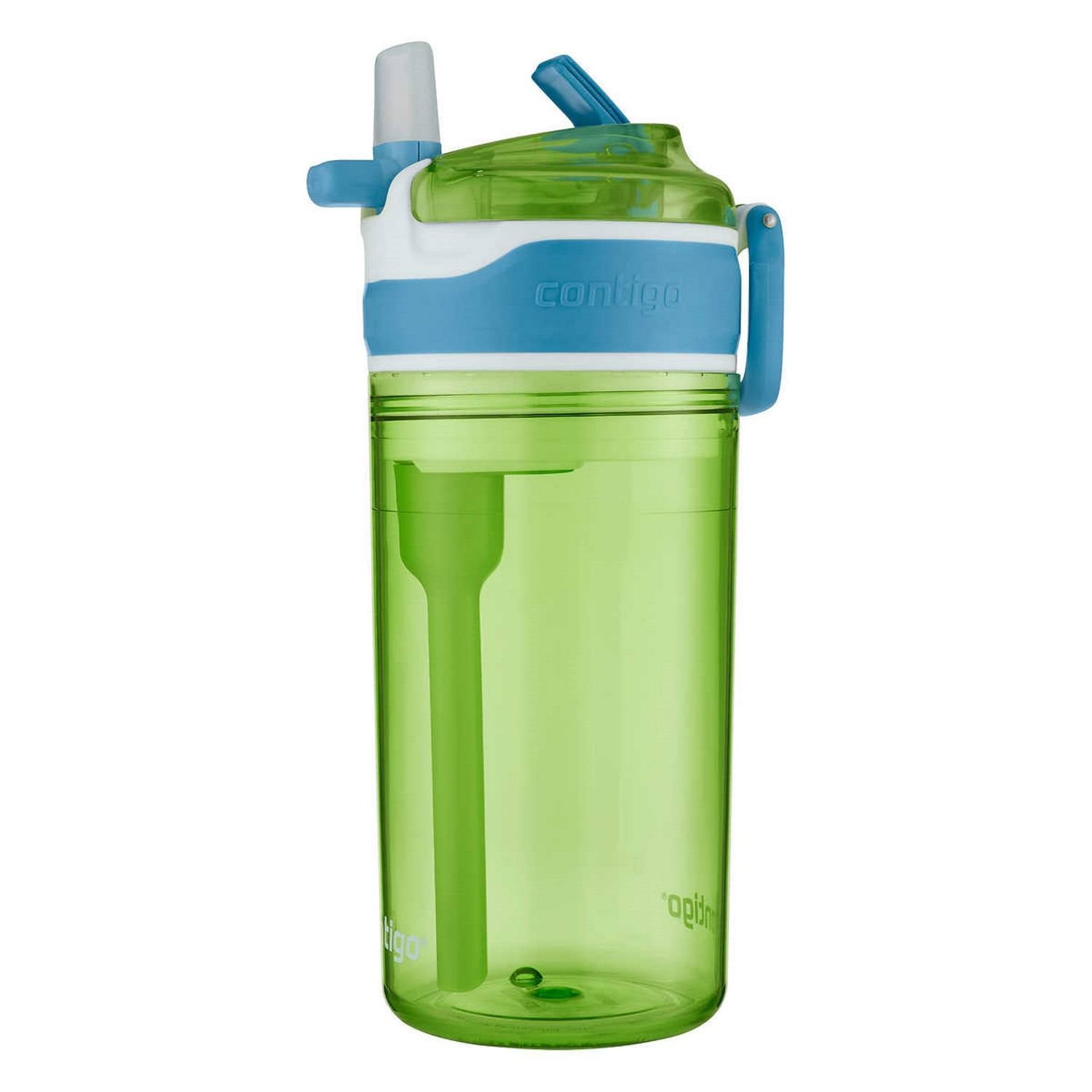 Contigo Kids 2-in-1 Snack Hero Tumbler Featuring 4oz Snack Holder Stacked on Top of 13oz Water Bottle - BPA Free, Durable Tritan w/Flexible Carry Handle &amp; Spill-Proof Valve, Green &amp; Blue – 2 Pack - L5PZ
