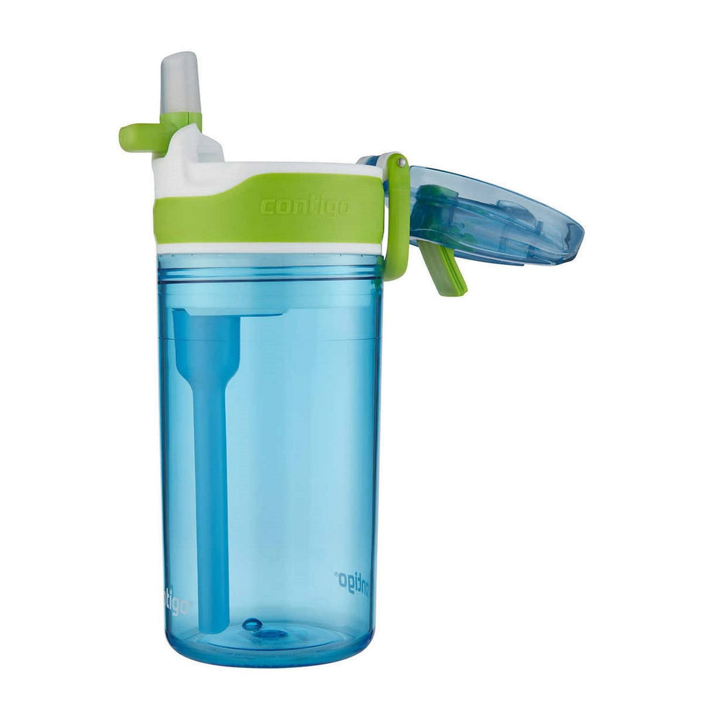 Contigo Kids 2-in-1 Snack Hero Tumbler Featuring 4oz Snack Holder Stacked on Top of 13oz Water Bottle - BPA Free, Durable Tritan w/Flexible Carry Handle &amp; Spill-Proof Valve, Green &amp; Blue – 2 Pack - L5PZ