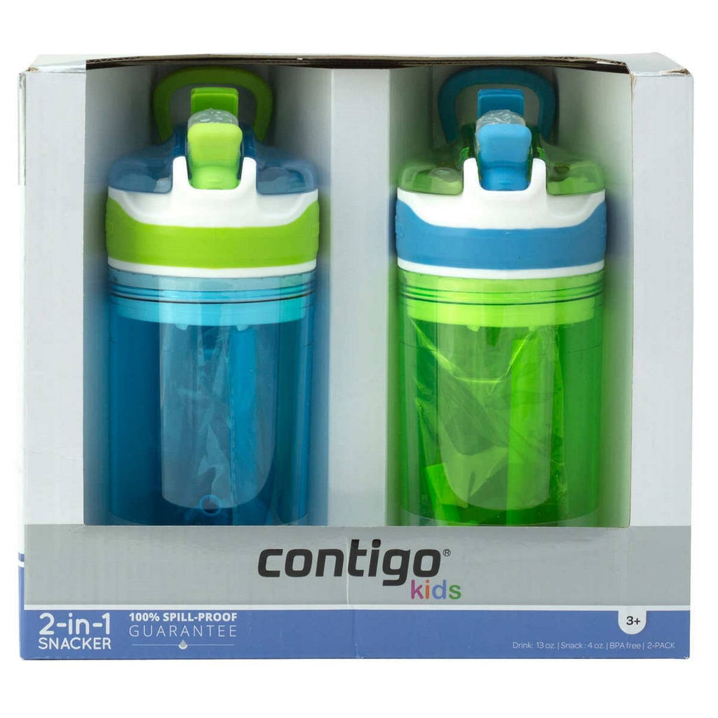 Contigo Kids 2-in-1 Snack Hero Tumbler Featuring 4oz Snack Holder Stacked on Top of 13oz Water Bottle - BPA Free, Durable Tritan w/Flexible Carry Handle &amp; Spill-Proof Valve, Green &amp; Blue – 2 Pack - L5PZ