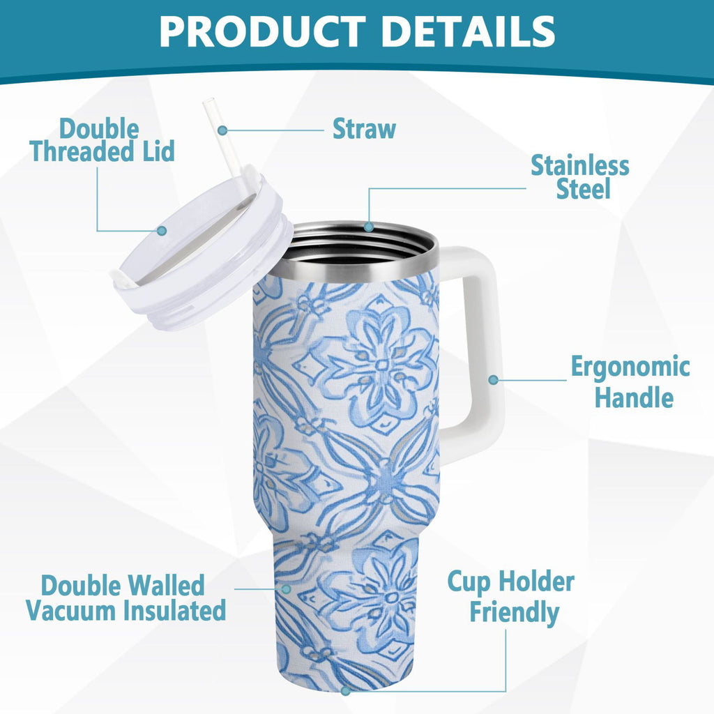 30 oz Insulated Stainless Steel Tumbler Double Wall Stainless Steel Tumbler with 2-Way Drinking Blue Elegant Geometric Design - NFJB