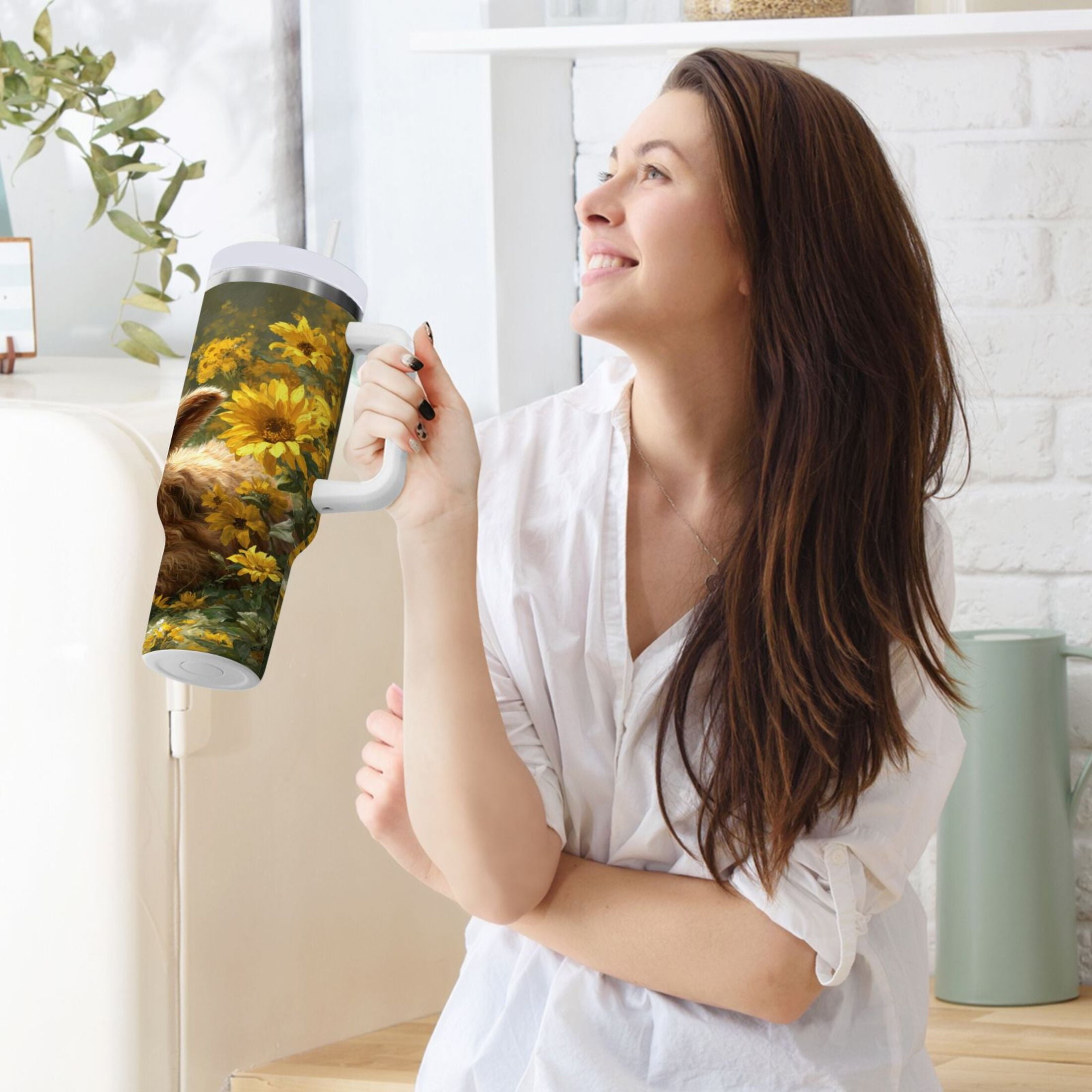 40 oz Insulated Stainless Steel Tumbler Double Wall Stainless Steel Tumbler with 2-Way Drinking Cow Lying in Sunflowers - R1KL