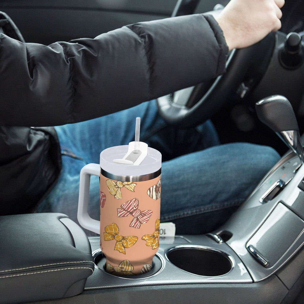 40 oz Insulated Stainless Steel Tumbler Double Wall Stainless Steel Tumbler with 2-Way Drinking Cute Animal Print Bows - FW5V