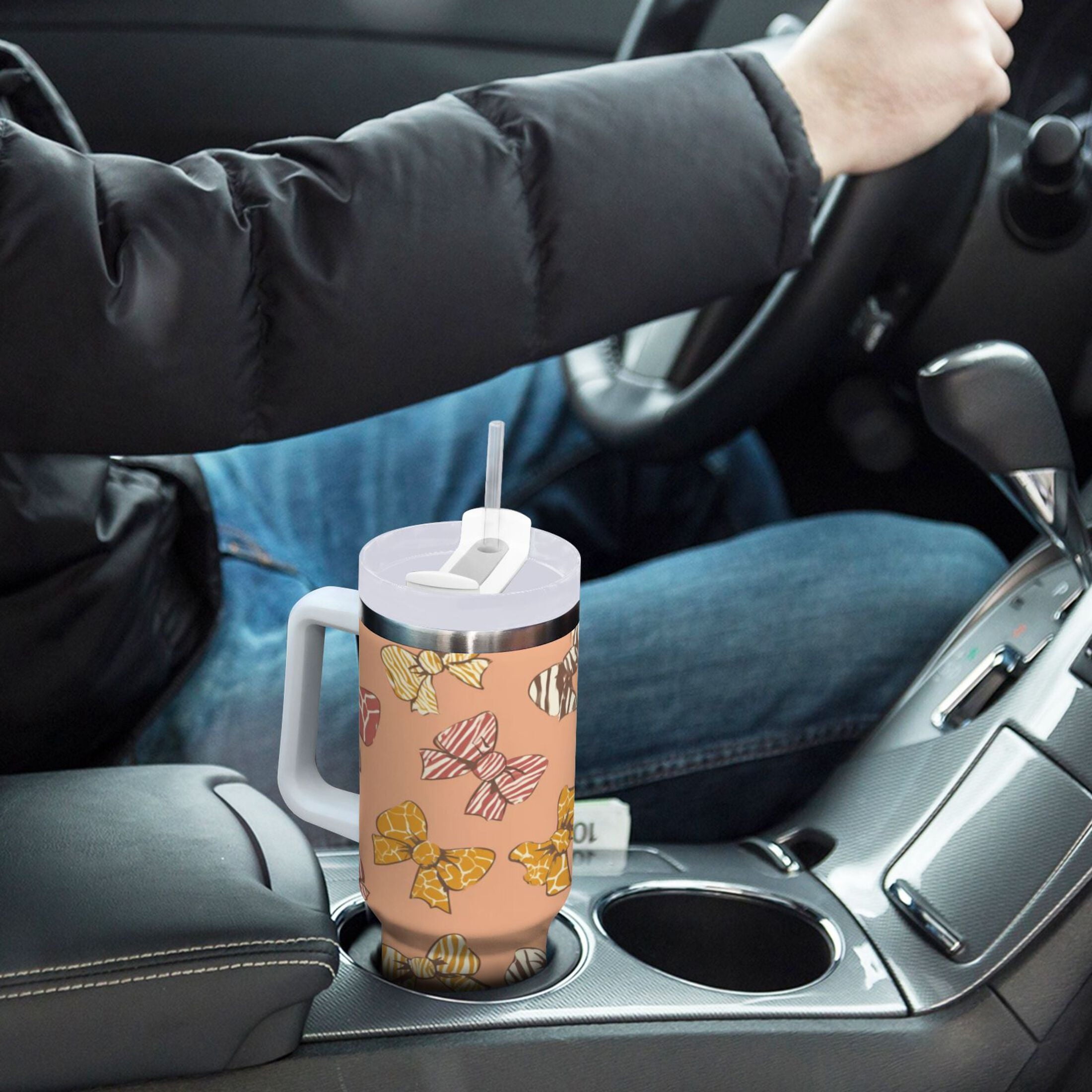 40 oz Insulated Stainless Steel Tumbler Double Wall Stainless Steel Tumbler with 2-Way Drinking Cute Animal Print Bows - FW5V