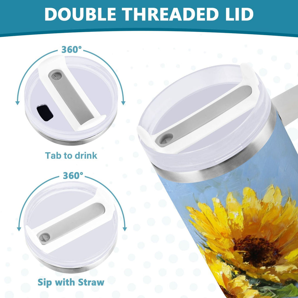 40 oz Insulated Stainless Steel Tumbler Double Wall Stainless Steel Tumbler with 2-Way Drinking Sunflowers Painting - Y4M0