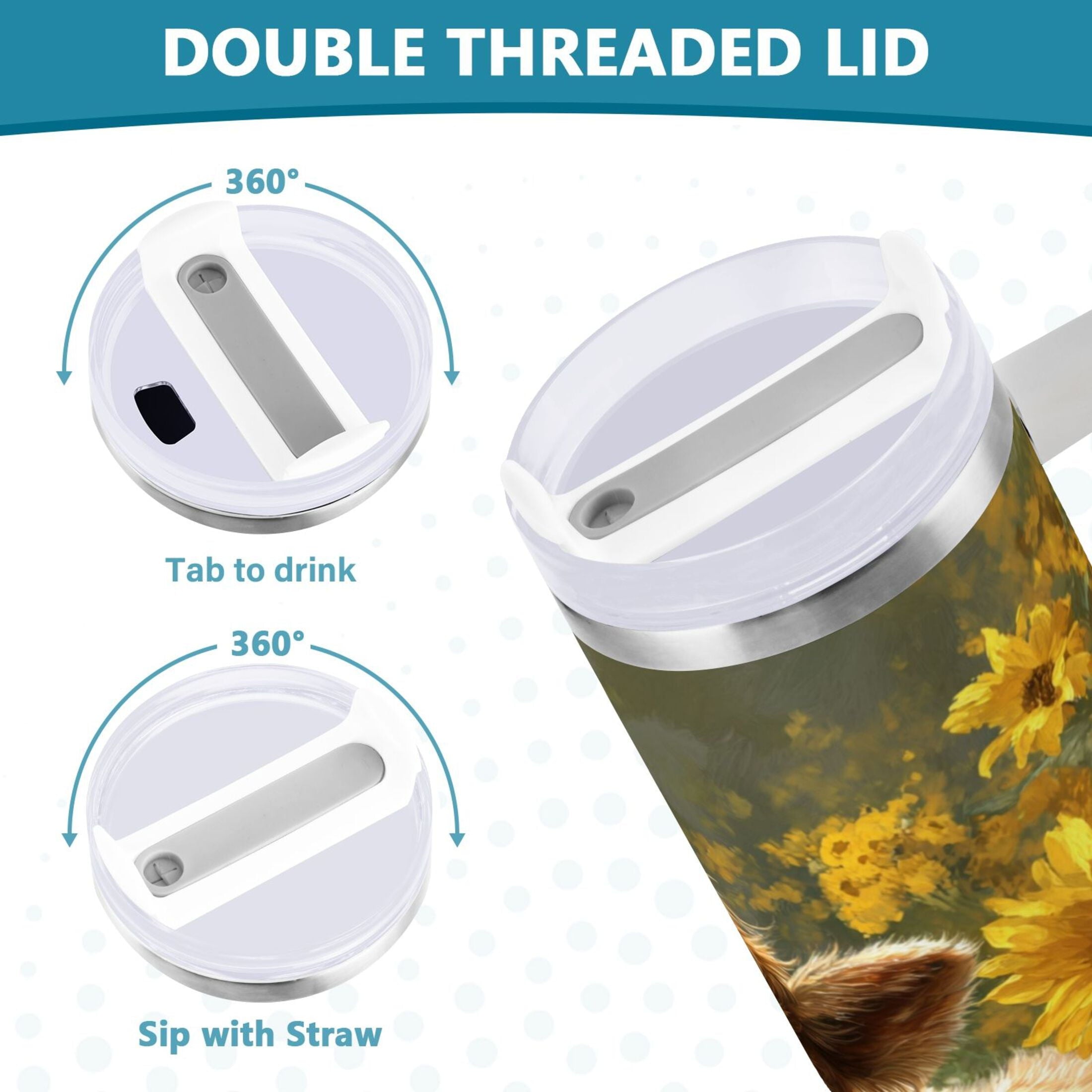 40 oz Insulated Stainless Steel Tumbler Double Wall Stainless Steel Tumbler with 2-Way Drinking Cow Lying in Sunflowers - R1KL