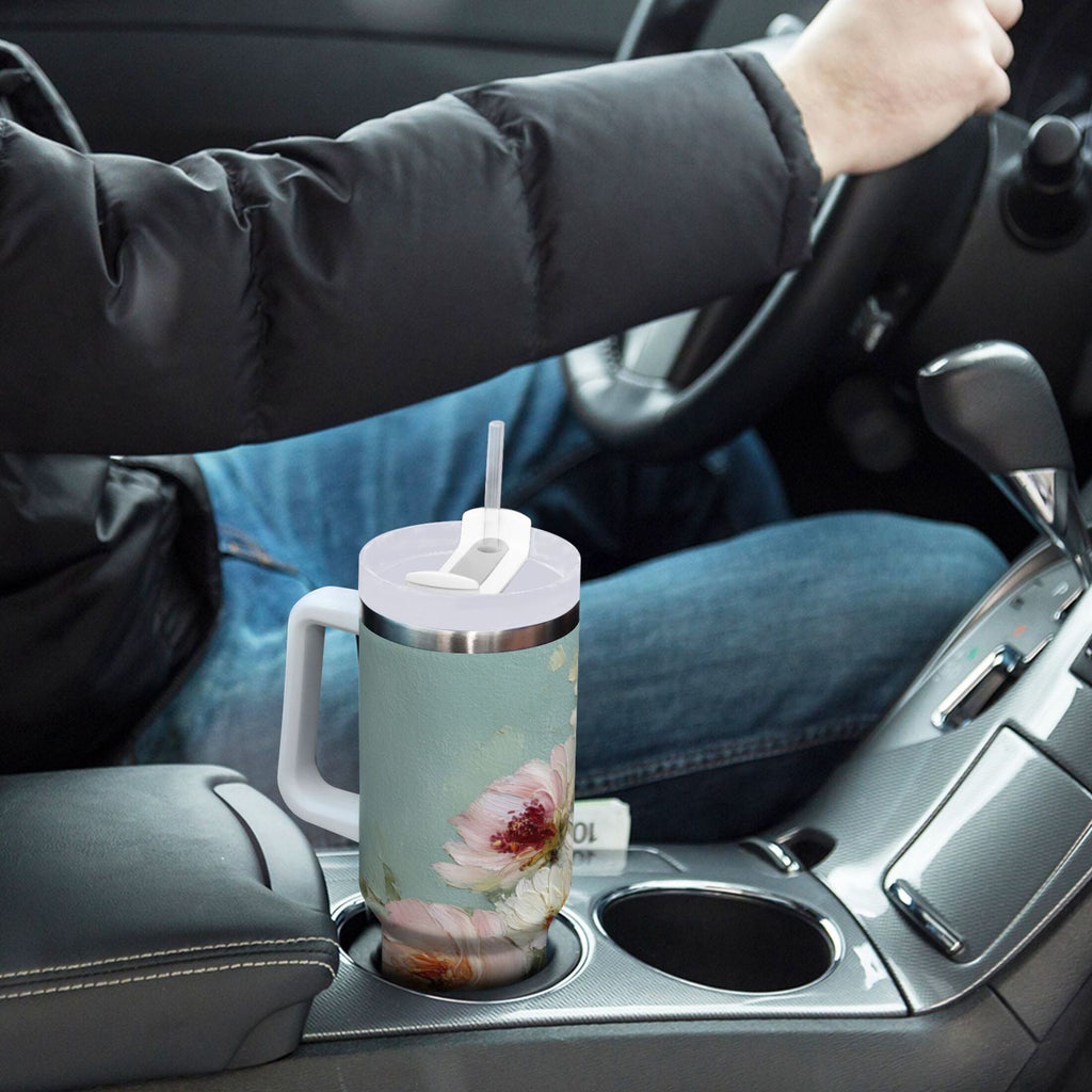 40 oz Insulated Stainless Steel Tumbler Double Wall Stainless Steel Tumbler with 2-Way Drinking Vintage Peonies and Daisies - MKXM