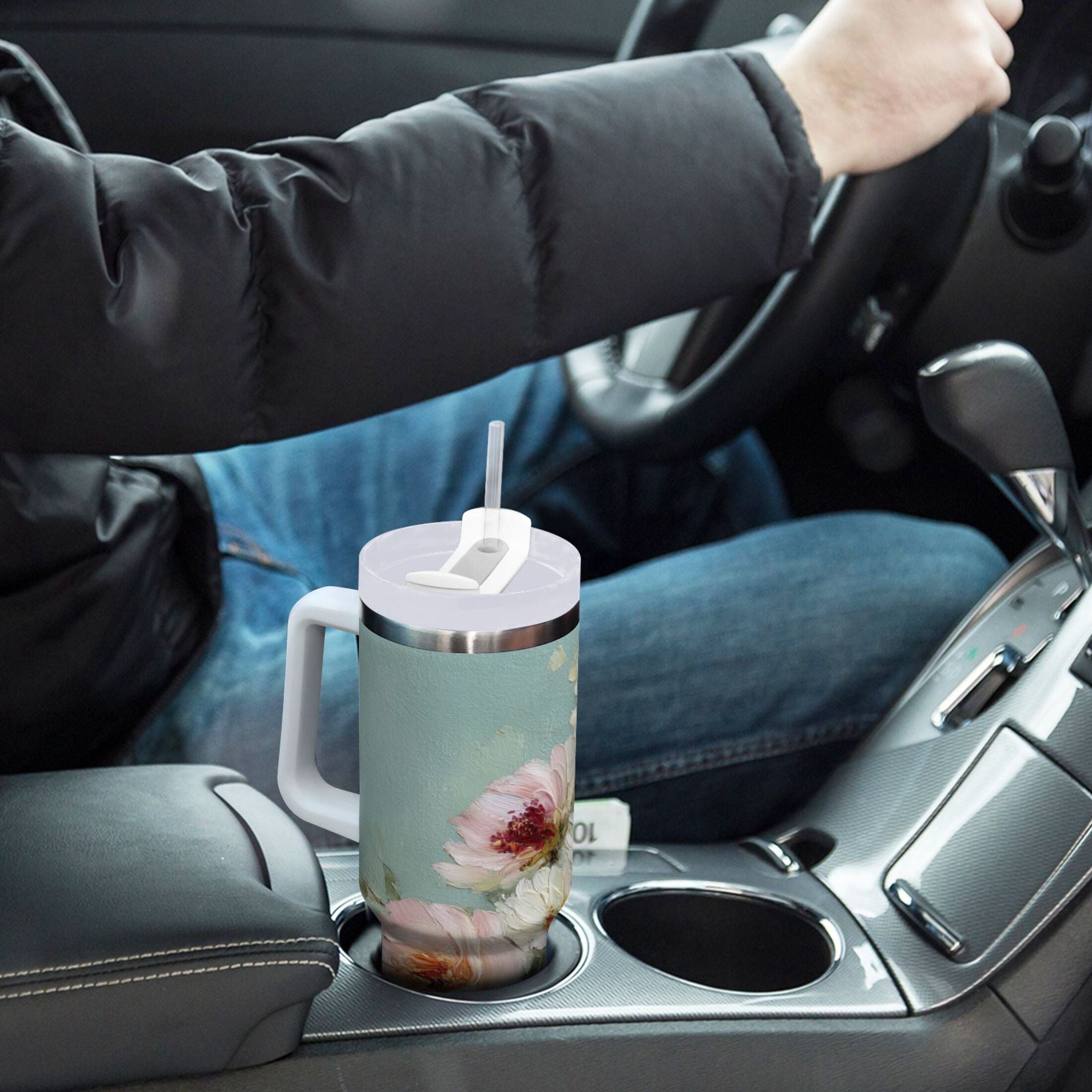 40 oz Insulated Stainless Steel Tumbler Double Wall Stainless Steel Tumbler with 2-Way Drinking Vintage Peonies and Daisies - MKXM