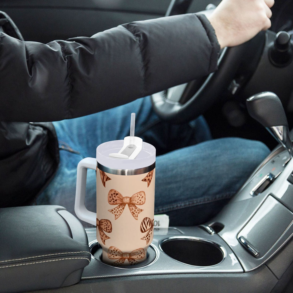 40 oz Insulated Stainless Steel Tumbler Double Wall Stainless Steel Tumbler with 2-Way Drinking Leopard Print Bow - TY71