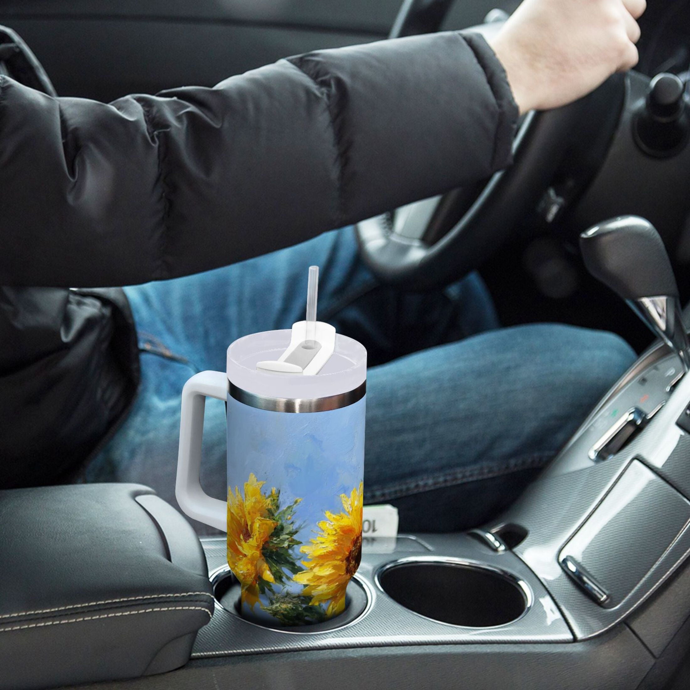 40 oz Insulated Stainless Steel Tumbler Double Wall Stainless Steel Tumbler with 2-Way Drinking Sunflowers Painting - Y4M0