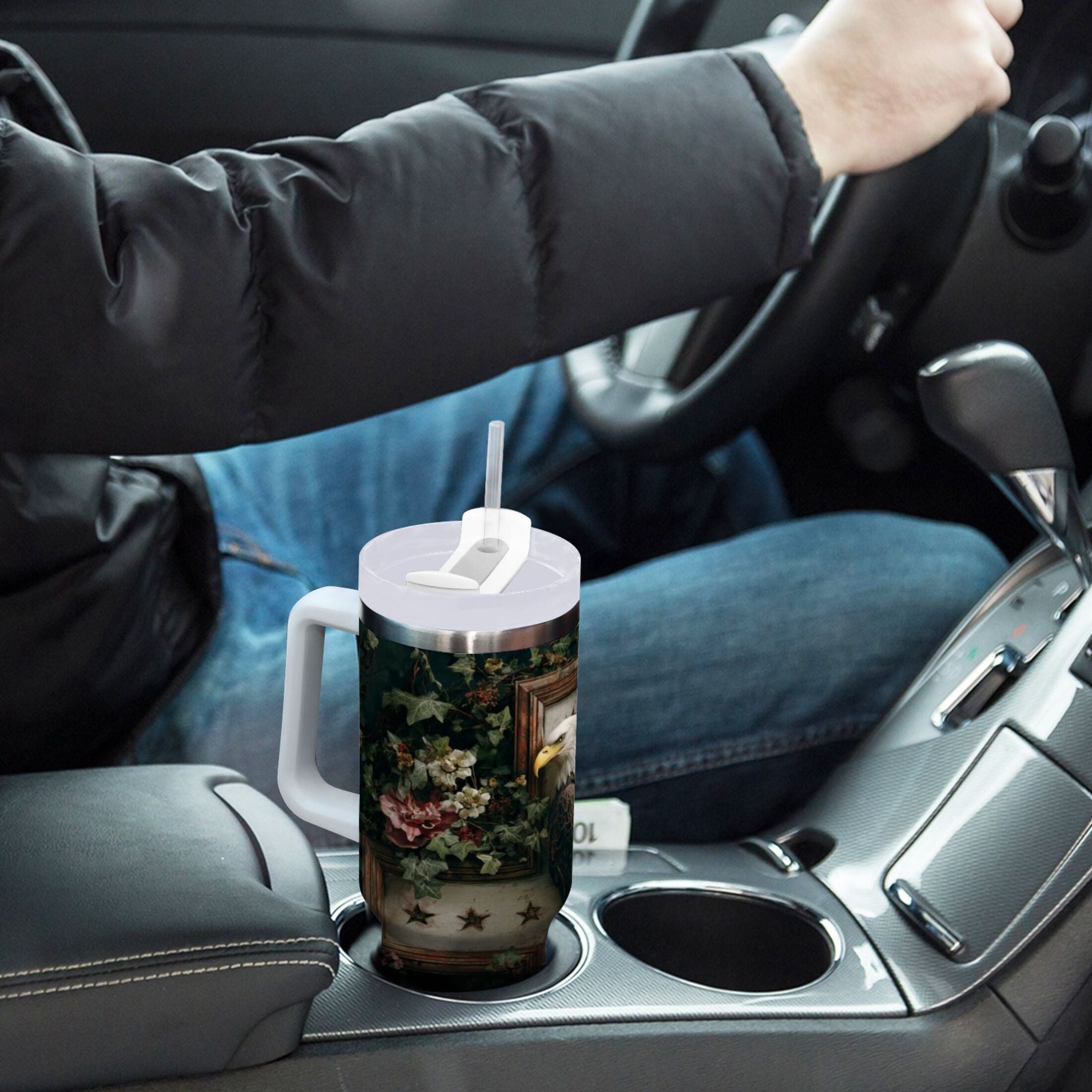 30 oz Insulated Stainless Steel Tumbler Double Wall Stainless Steel Tumbler with 2-Way Drinking Wreath and Bald Eagle - RPQ0