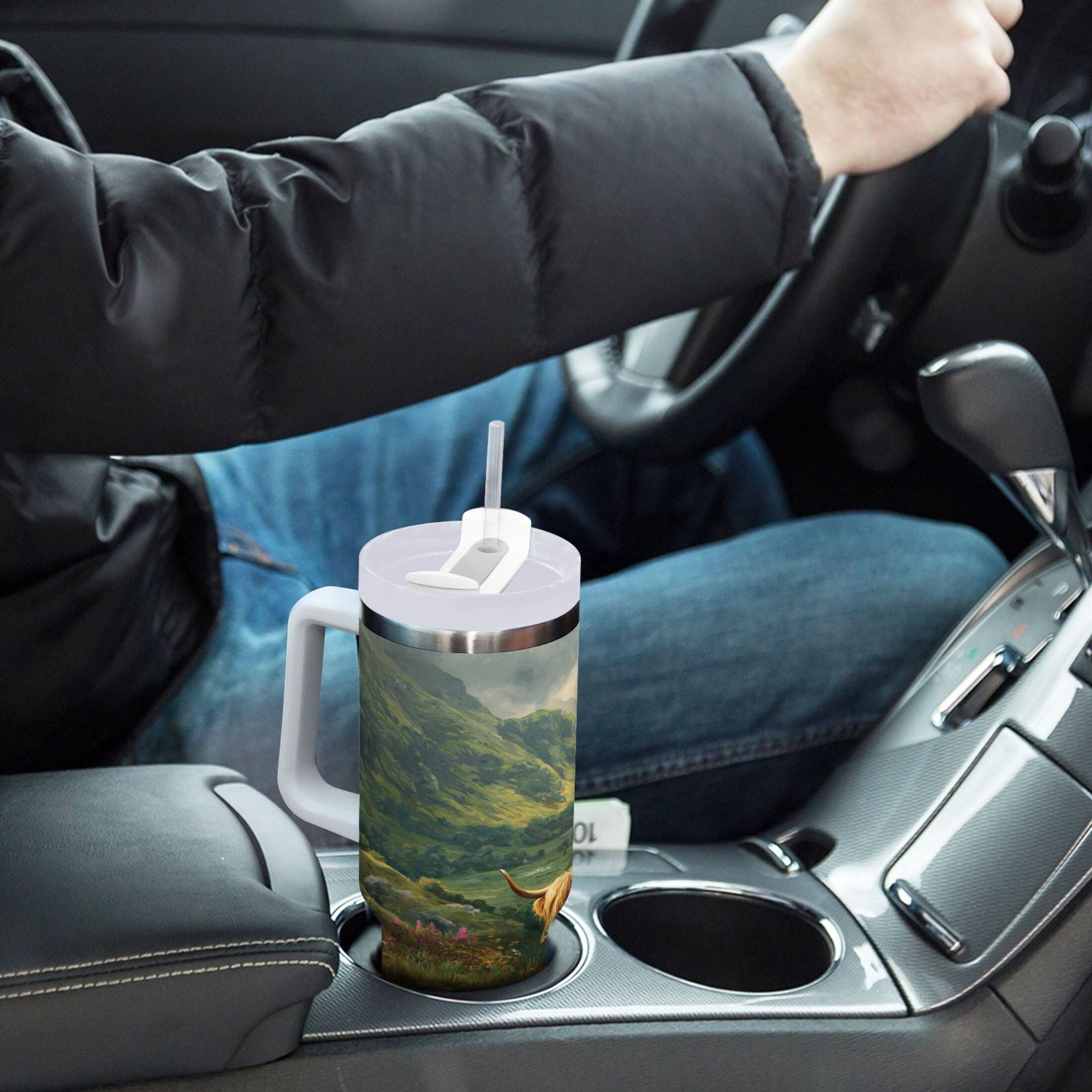 30 oz Insulated Stainless Steel Tumbler Double Wall Stainless Steel Tumbler with 2-Way Drinking Cow in Green Rolling Hills - WSHG