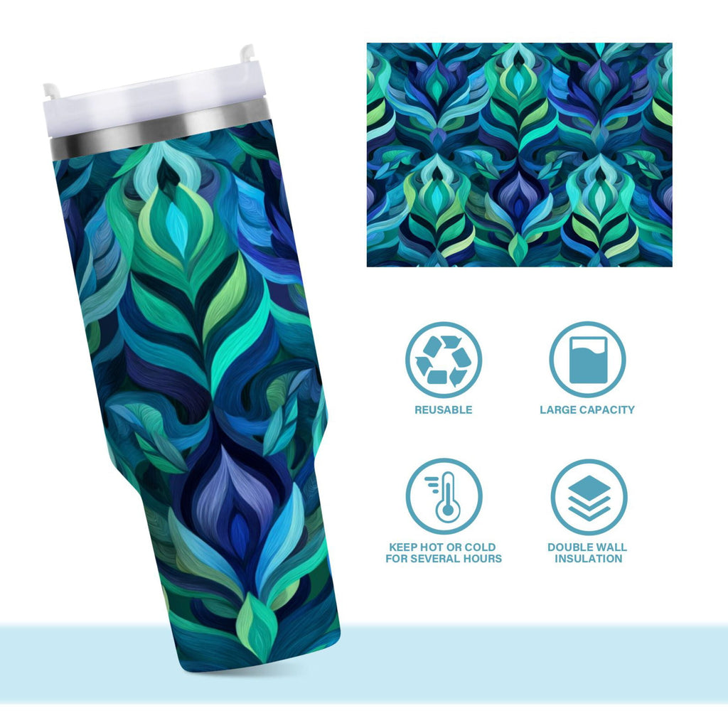 40 oz Insulated Stainless Steel Tumbler Double Wall Stainless Steel Tumbler with 2-Way Drinking Elegant Blue Abstract Shapes - FWFT