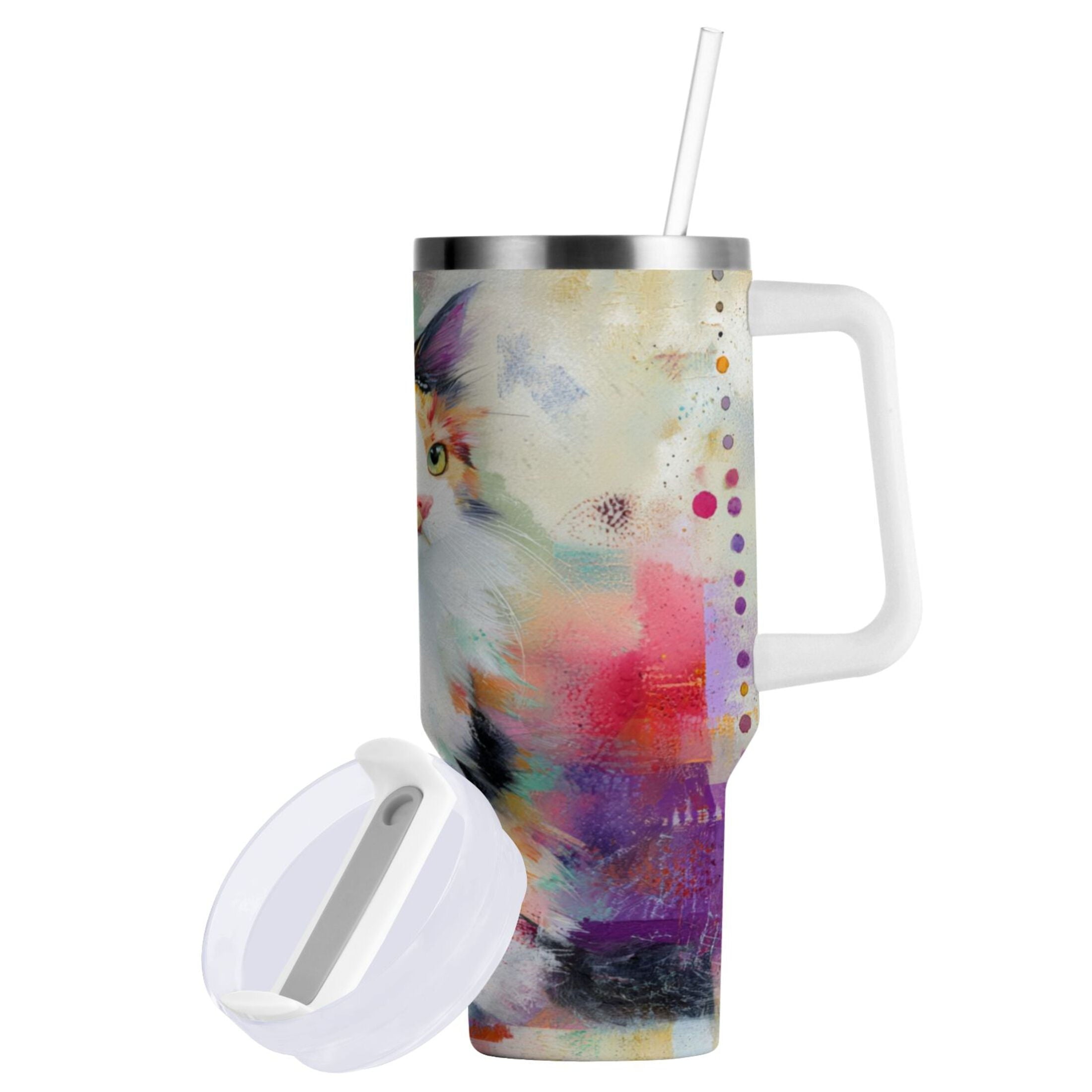 30 oz Insulated Stainless Steel Tumbler Double Wall Stainless Steel Tumbler with 2-Way Drinking Charming Hairy Cat - S3VA