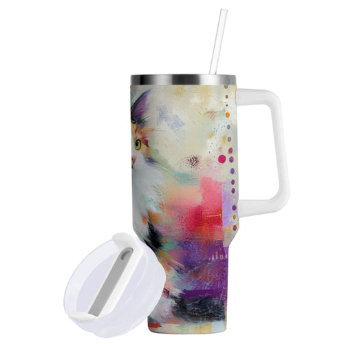 30 oz Insulated Stainless Steel Tumbler Double Wall Stainless Steel Tumbler with 2-Way Drinking Charming Hairy Cat - S3VA