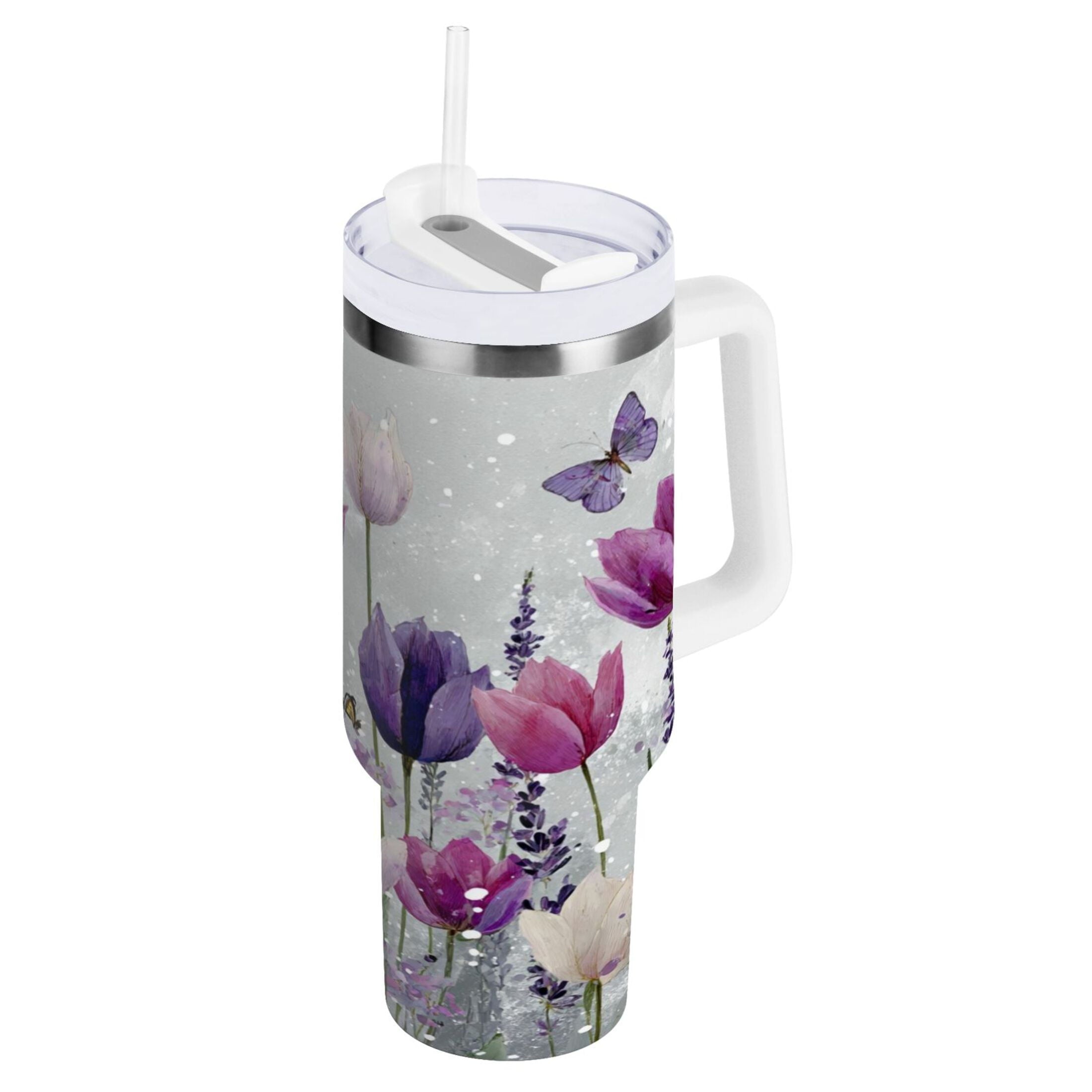 40 oz Insulated Stainless Steel Tumbler Double Wall Stainless Steel Tumbler with 2-Way Drinking Colorful Tulips and Lavender - 71SY