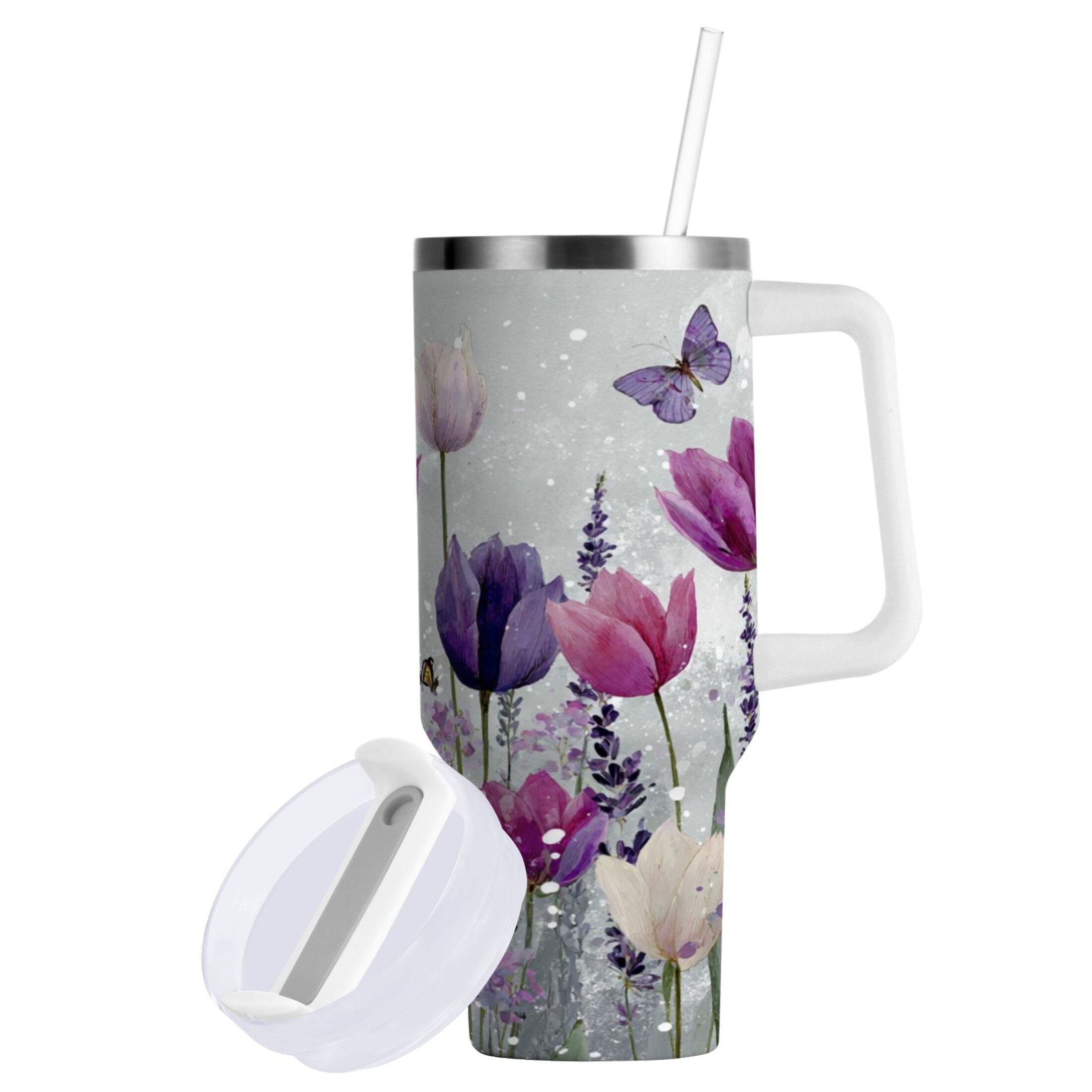 40 oz Insulated Stainless Steel Tumbler Double Wall Stainless Steel Tumbler with 2-Way Drinking Colorful Tulips and Lavender - 71SY