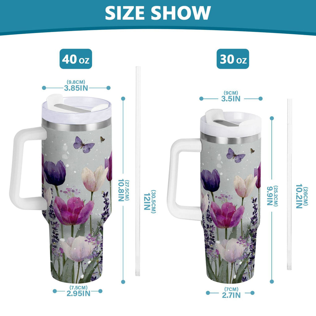 40 oz Insulated Stainless Steel Tumbler Double Wall Stainless Steel Tumbler with 2-Way Drinking Colorful Tulips and Lavender - 71SY