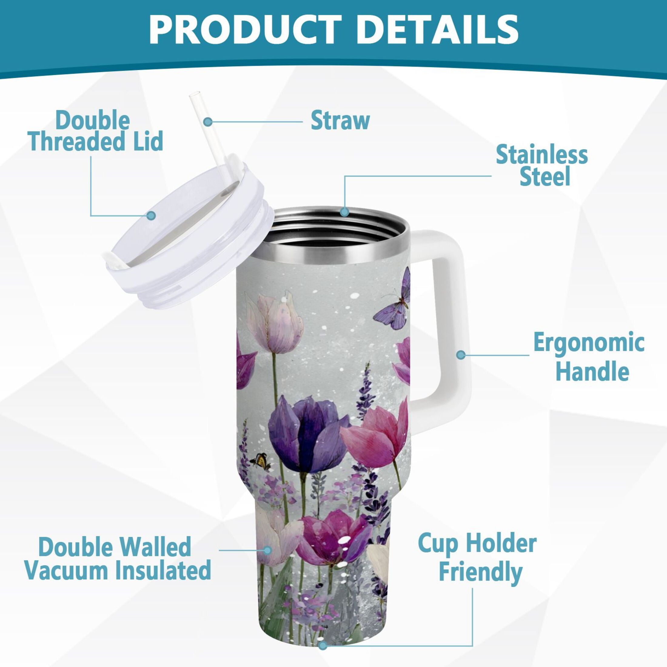 40 oz Insulated Stainless Steel Tumbler Double Wall Stainless Steel Tumbler with 2-Way Drinking Colorful Tulips and Lavender - 71SY