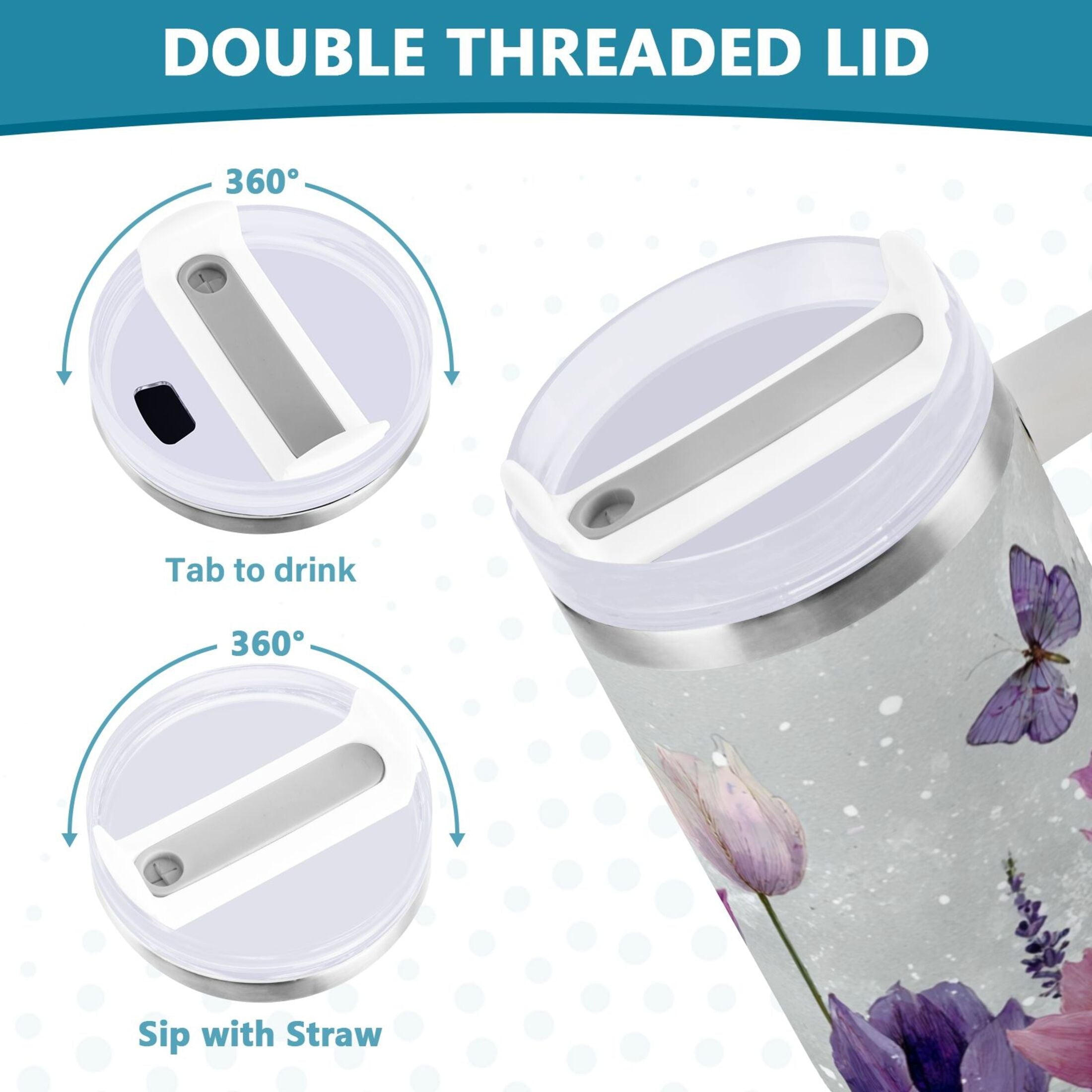 40 oz Insulated Stainless Steel Tumbler Double Wall Stainless Steel Tumbler with 2-Way Drinking Colorful Tulips and Lavender - 71SY