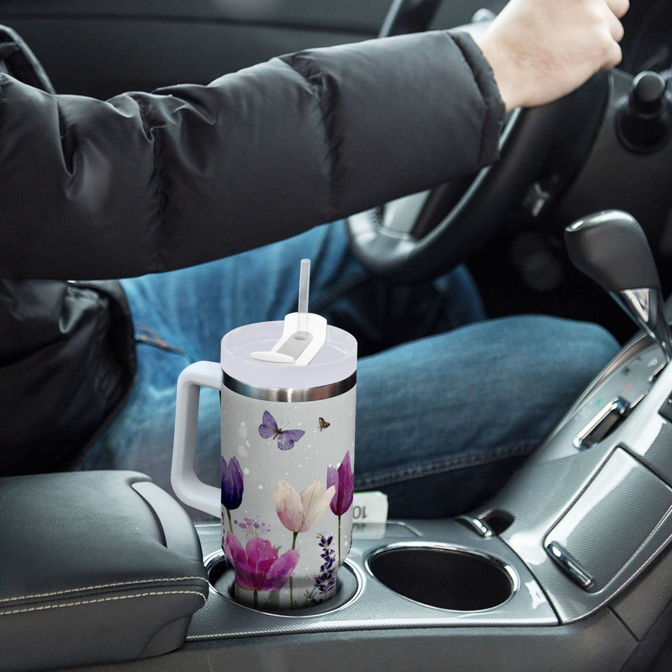 40 oz Insulated Stainless Steel Tumbler Double Wall Stainless Steel Tumbler with 2-Way Drinking Colorful Tulips and Lavender - 71SY