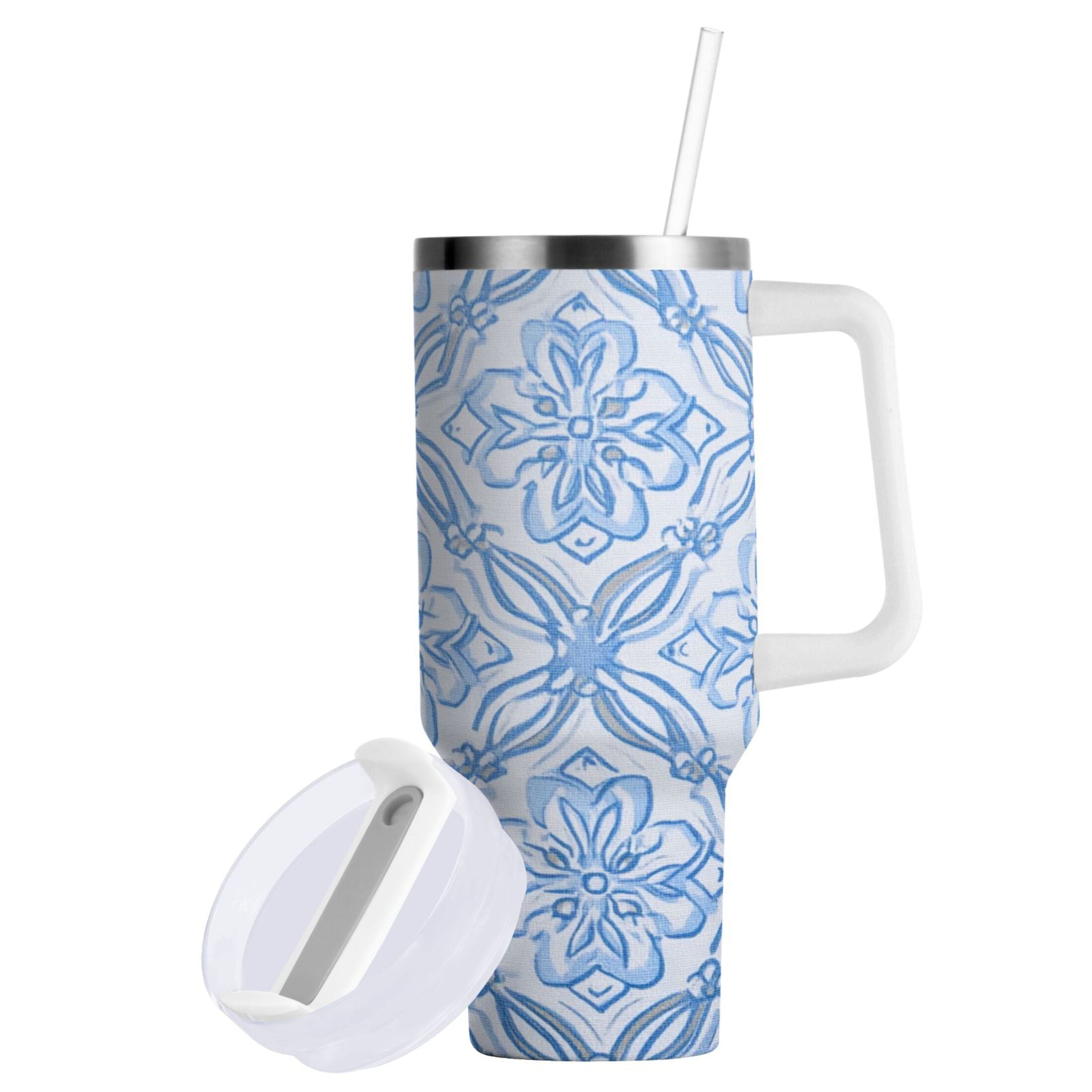 30 oz Insulated Stainless Steel Tumbler Double Wall Stainless Steel Tumbler with 2-Way Drinking Blue Elegant Geometric Design - NFJB