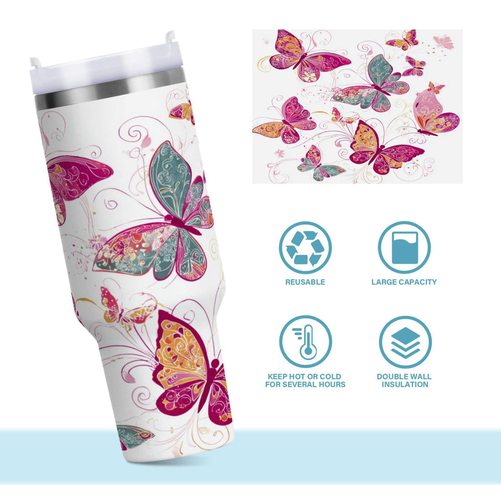 30 oz Insulated Stainless Steel Tumbler Double Wall Stainless Steel Tumbler with 2-Way Drinking Colorful Butterflies - UOAG