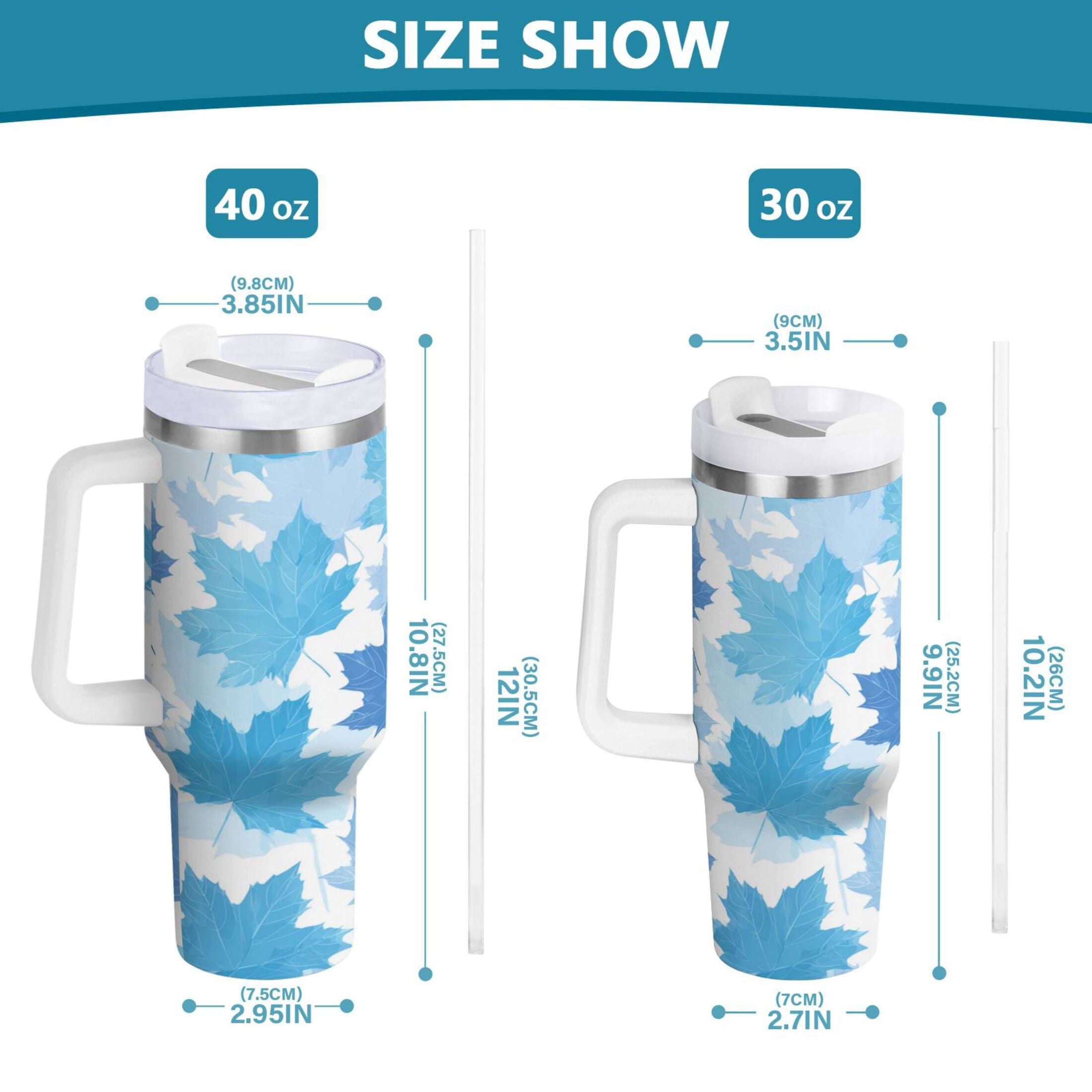 30 oz Insulated Stainless Steel Tumbler Double Wall Stainless Steel Tumbler with 2-Way Drinking Light Blue Maple Leaves - H91T