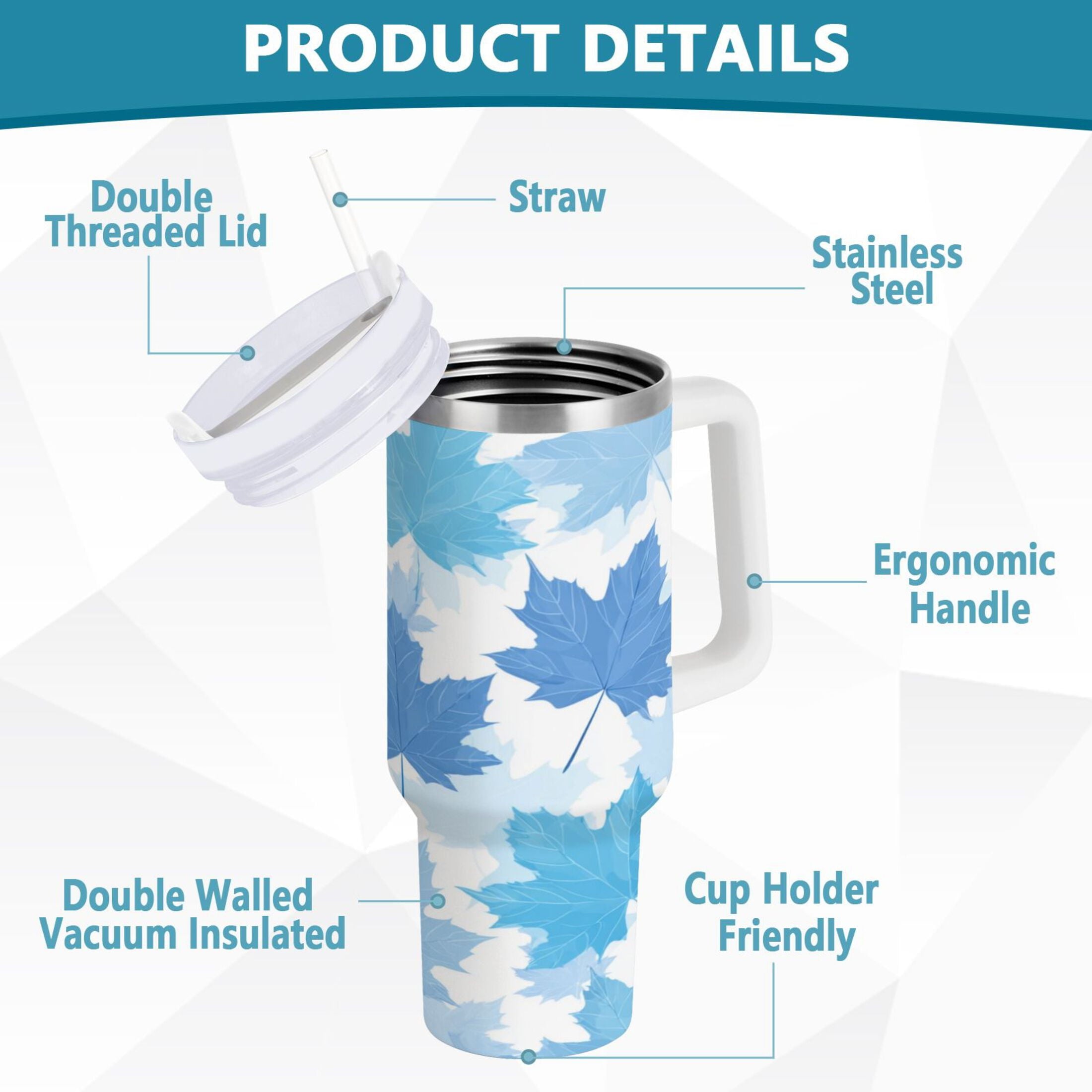30 oz Insulated Stainless Steel Tumbler Double Wall Stainless Steel Tumbler with 2-Way Drinking Light Blue Maple Leaves - H91T