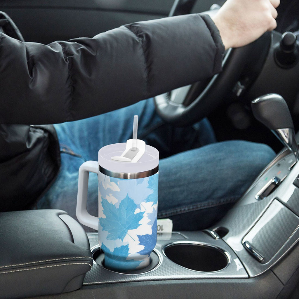 30 oz Insulated Stainless Steel Tumbler Double Wall Stainless Steel Tumbler with 2-Way Drinking Light Blue Maple Leaves - H91T