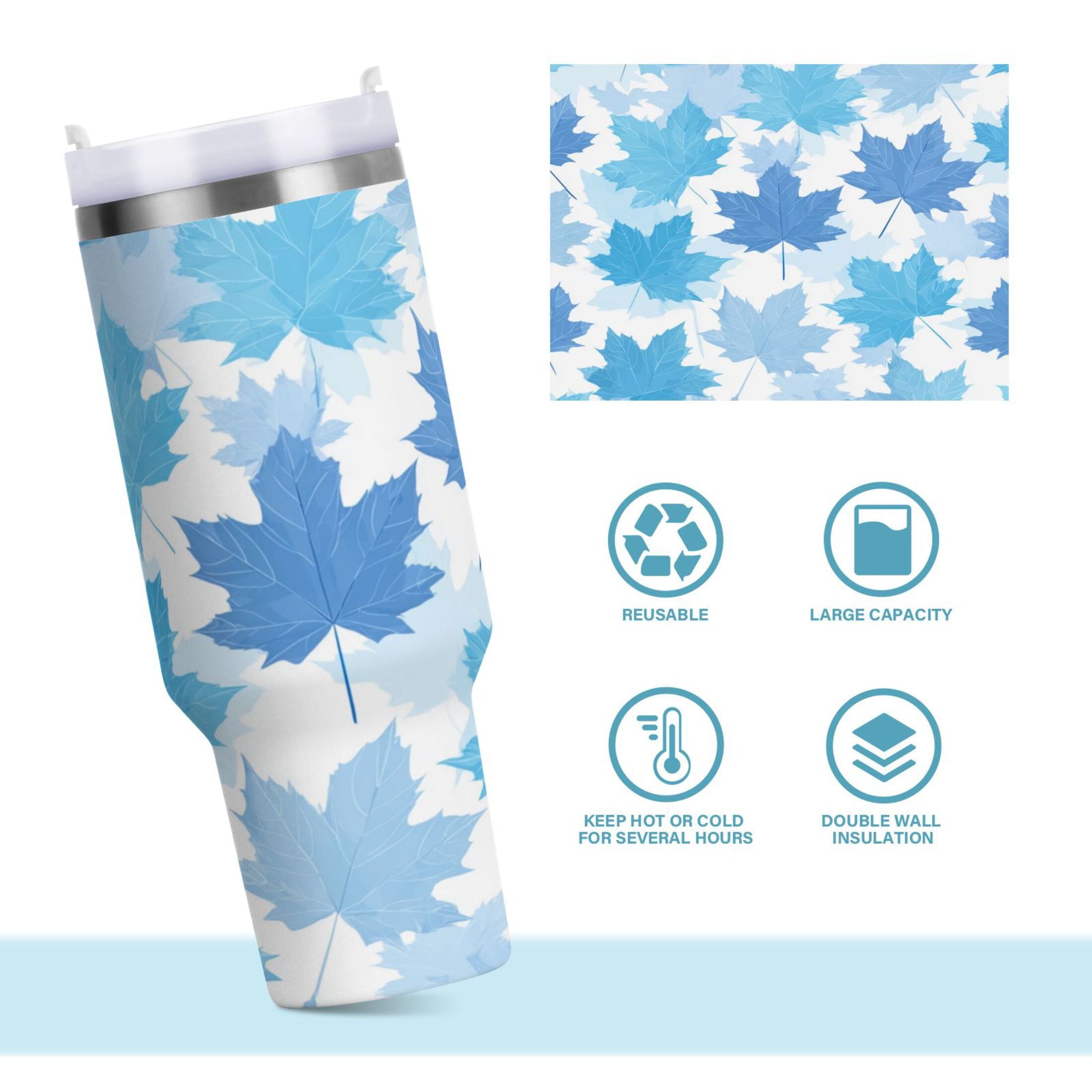 30 oz Insulated Stainless Steel Tumbler Double Wall Stainless Steel Tumbler with 2-Way Drinking Light Blue Maple Leaves - H91T