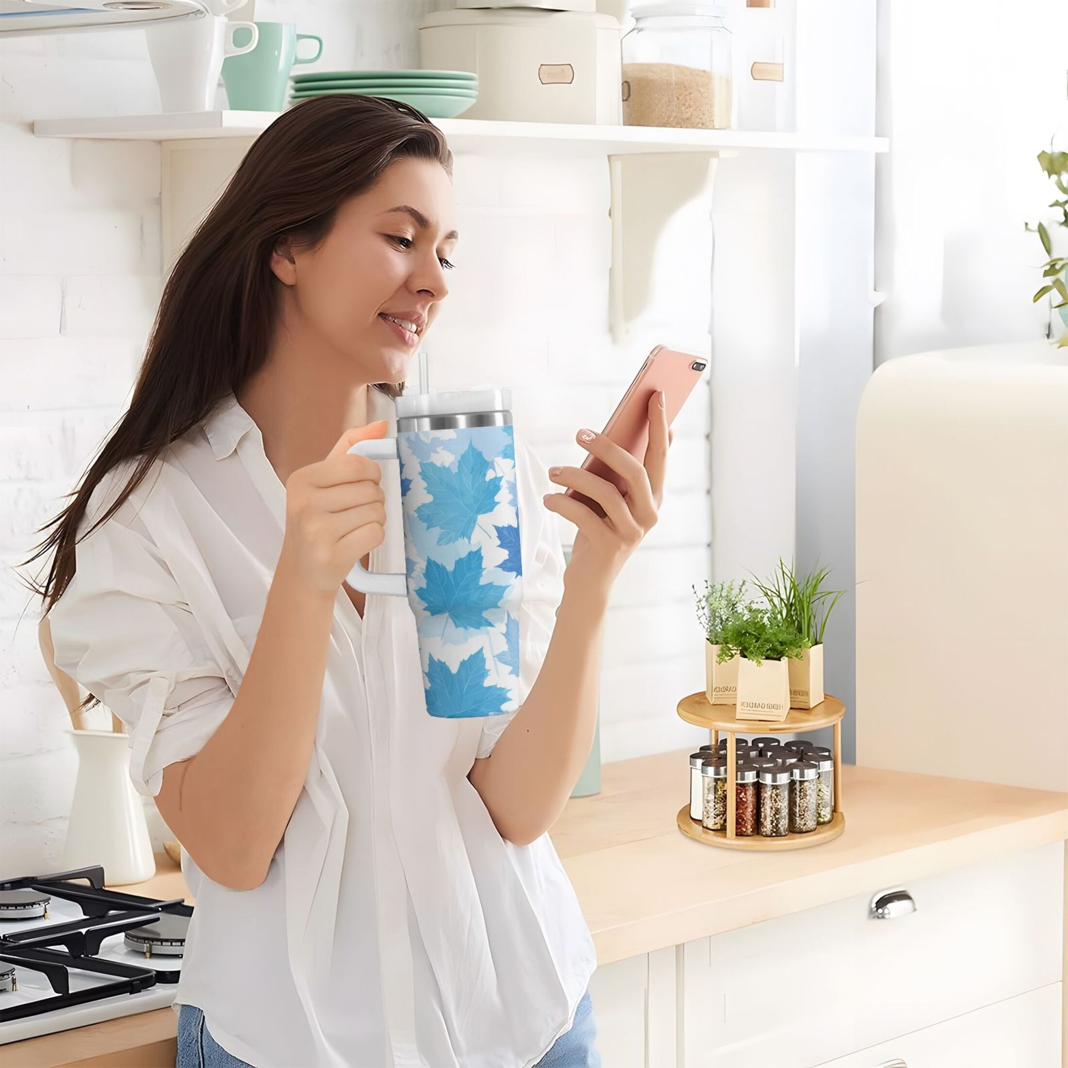 30 oz Insulated Stainless Steel Tumbler Double Wall Stainless Steel Tumbler with 2-Way Drinking Light Blue Maple Leaves - H91T