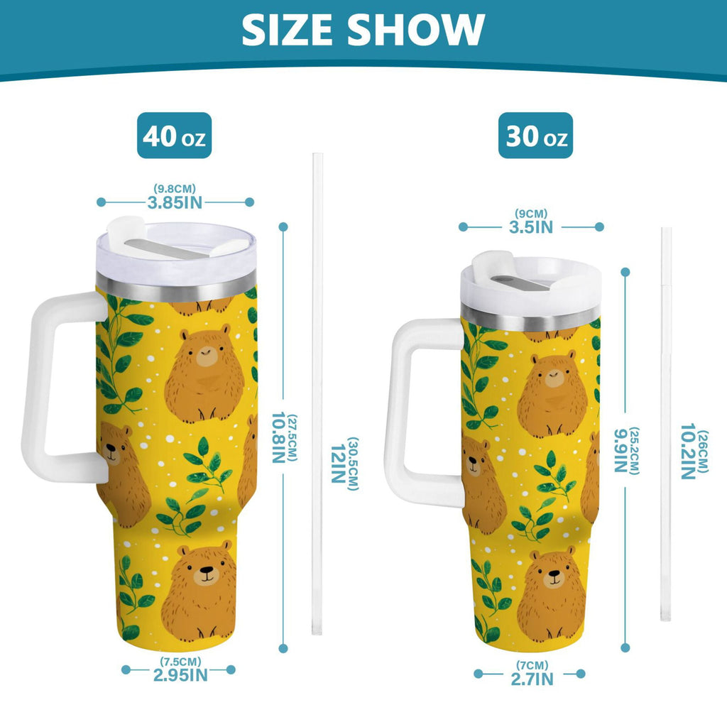 30 oz Insulated Stainless Steel Tumbler Double Wall Stainless Steel Tumbler with 2-Way Drinking Capybara and Green Leaves - VC8M