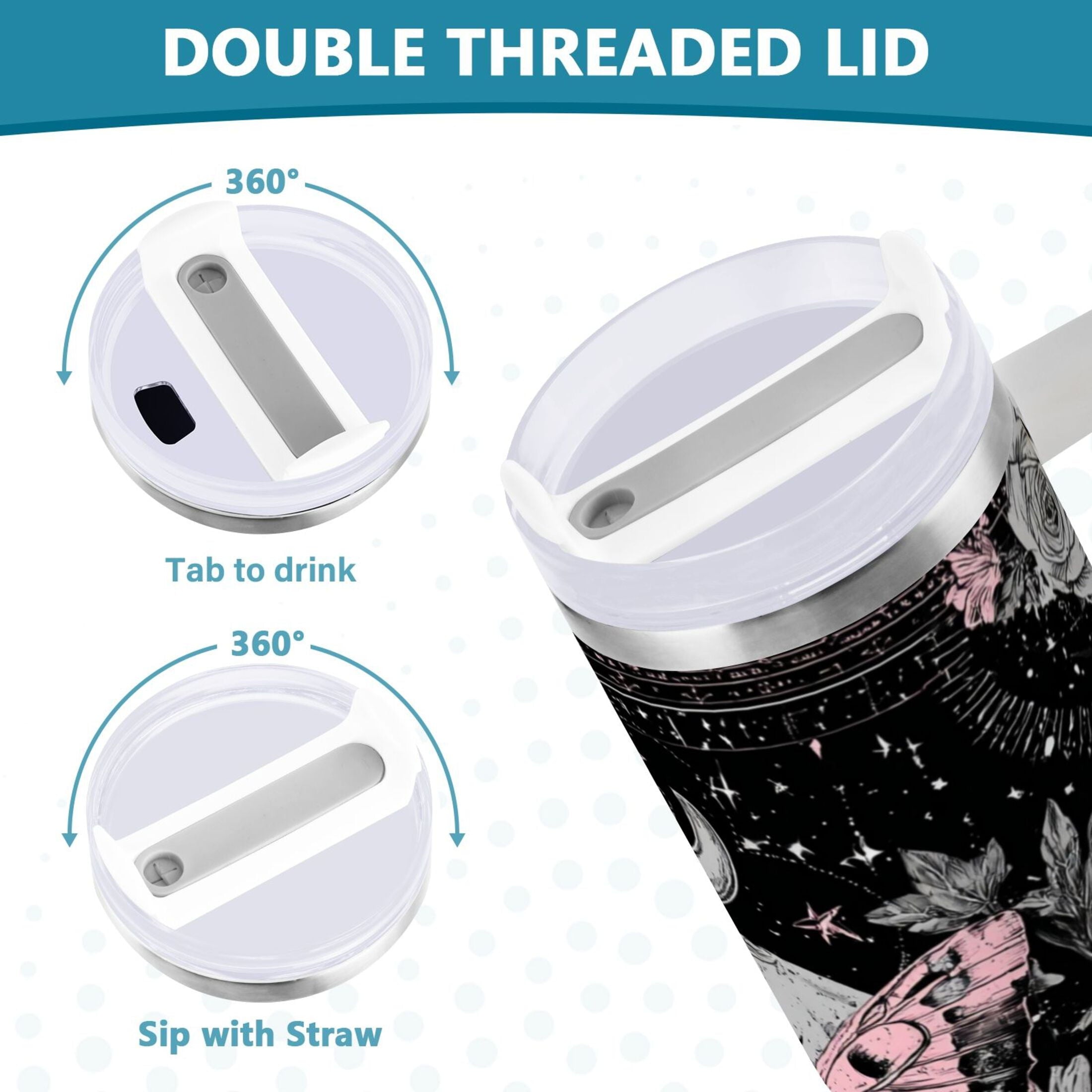 30 oz Insulated Stainless Steel Tumbler Double Wall Stainless Steel Tumbler with 2-Way Drinking Butterfly by Moon and Flowers - AR3P