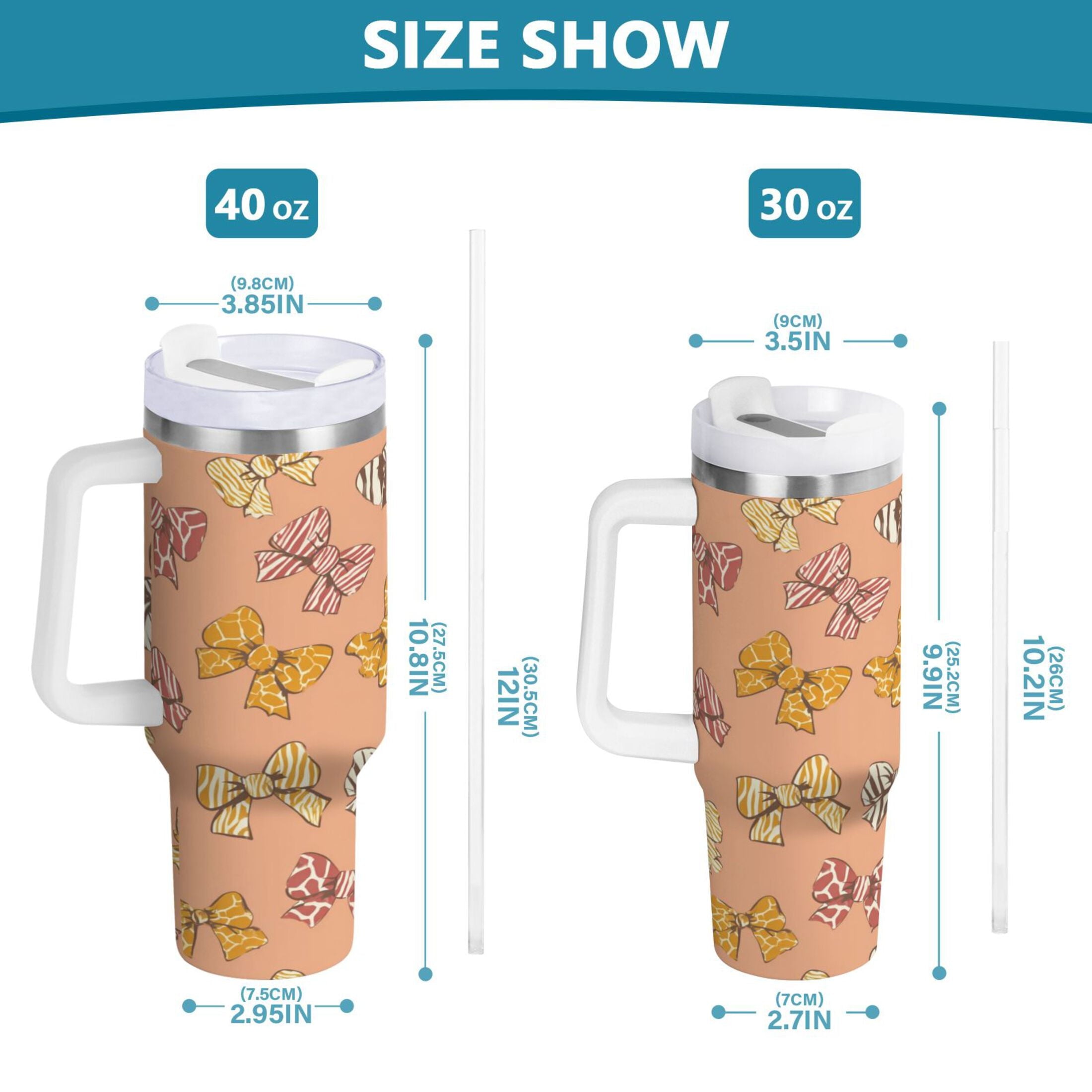 40 oz Insulated Stainless Steel Tumbler Double Wall Stainless Steel Tumbler with 2-Way Drinking Cute Animal Print Bows - FW5V