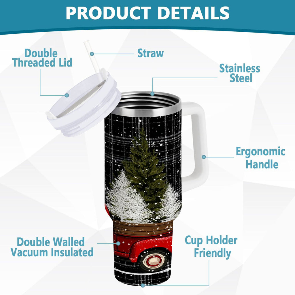 40 oz Insulated Stainless Steel Tumbler Double Wall Stainless Steel Tumbler with 2-Way Drinking Red Truck with Christmas Tree - CG7X