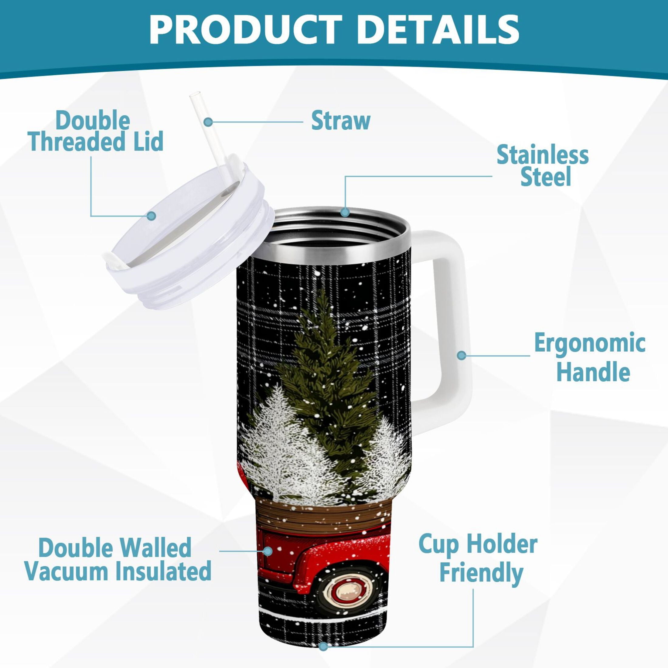 40 oz Insulated Stainless Steel Tumbler Double Wall Stainless Steel Tumbler with 2-Way Drinking Red Truck with Christmas Tree - CG7X