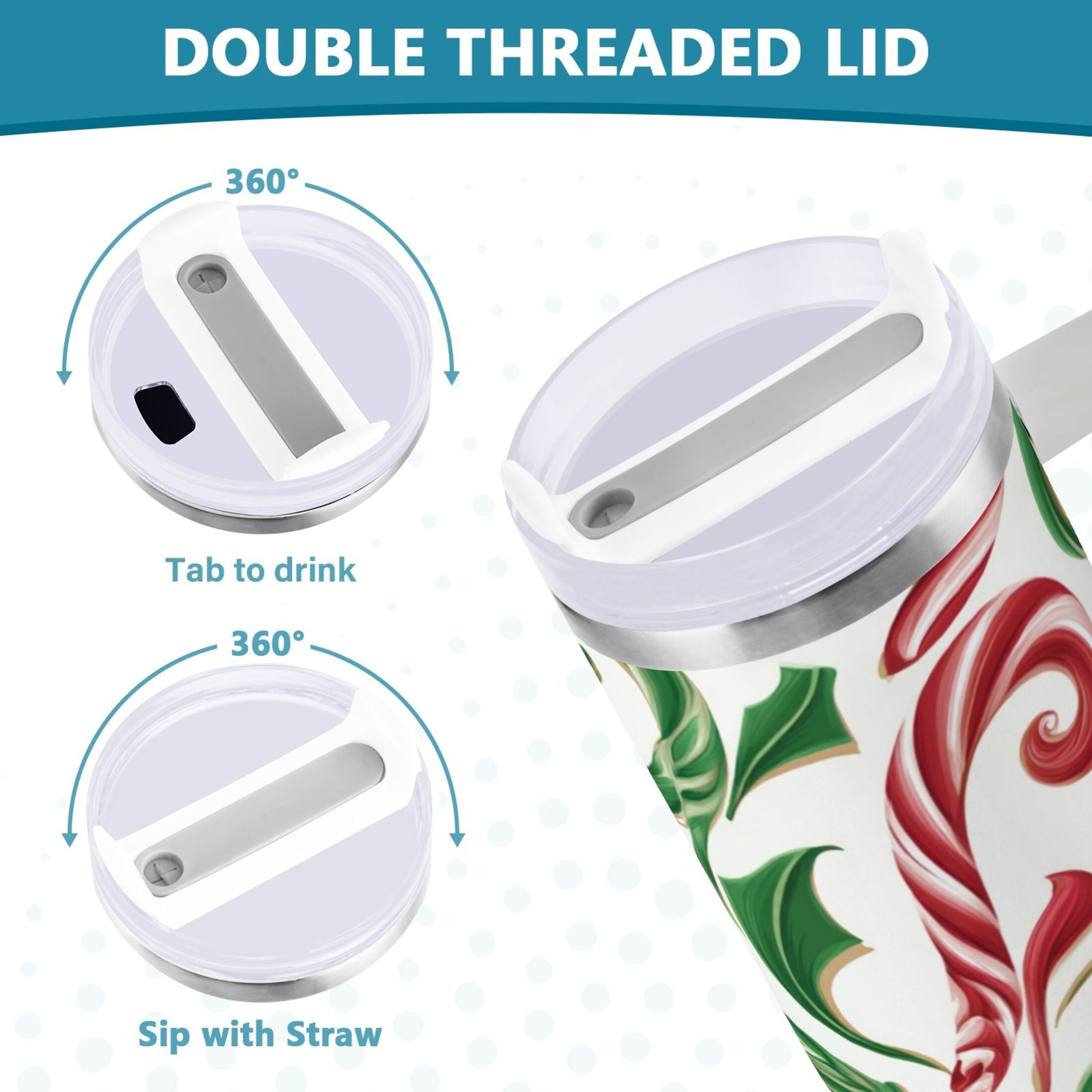 40 oz Insulated Stainless Steel Tumbler Double Wall Stainless Steel Tumbler with 2-Way Drinking Red and Green Candy-cane - BT0E