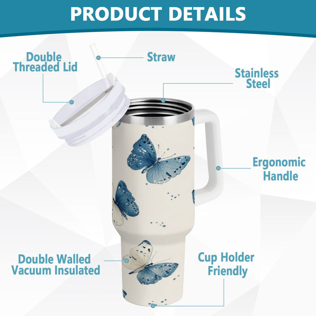 30 oz Insulated Stainless Steel Tumbler Double Wall Stainless Steel Tumbler with 2-Way Drinking Blue Watercolor Butterflies - W7E6