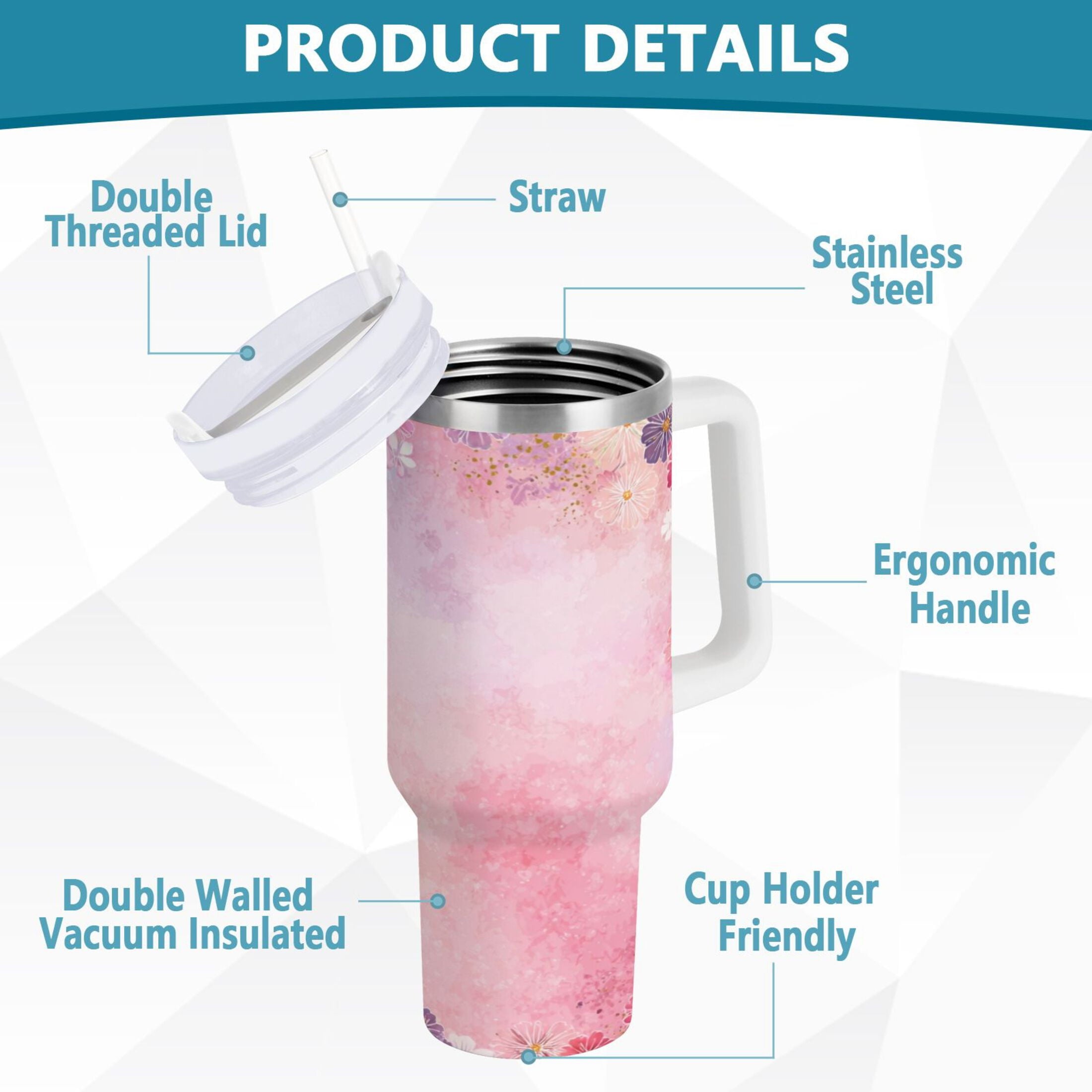 30 oz Insulated Stainless Steel Tumbler Double Wall Stainless Steel Tumbler with 2-Way Drinking Colorful Pastel Floral Pattern - XX8S
