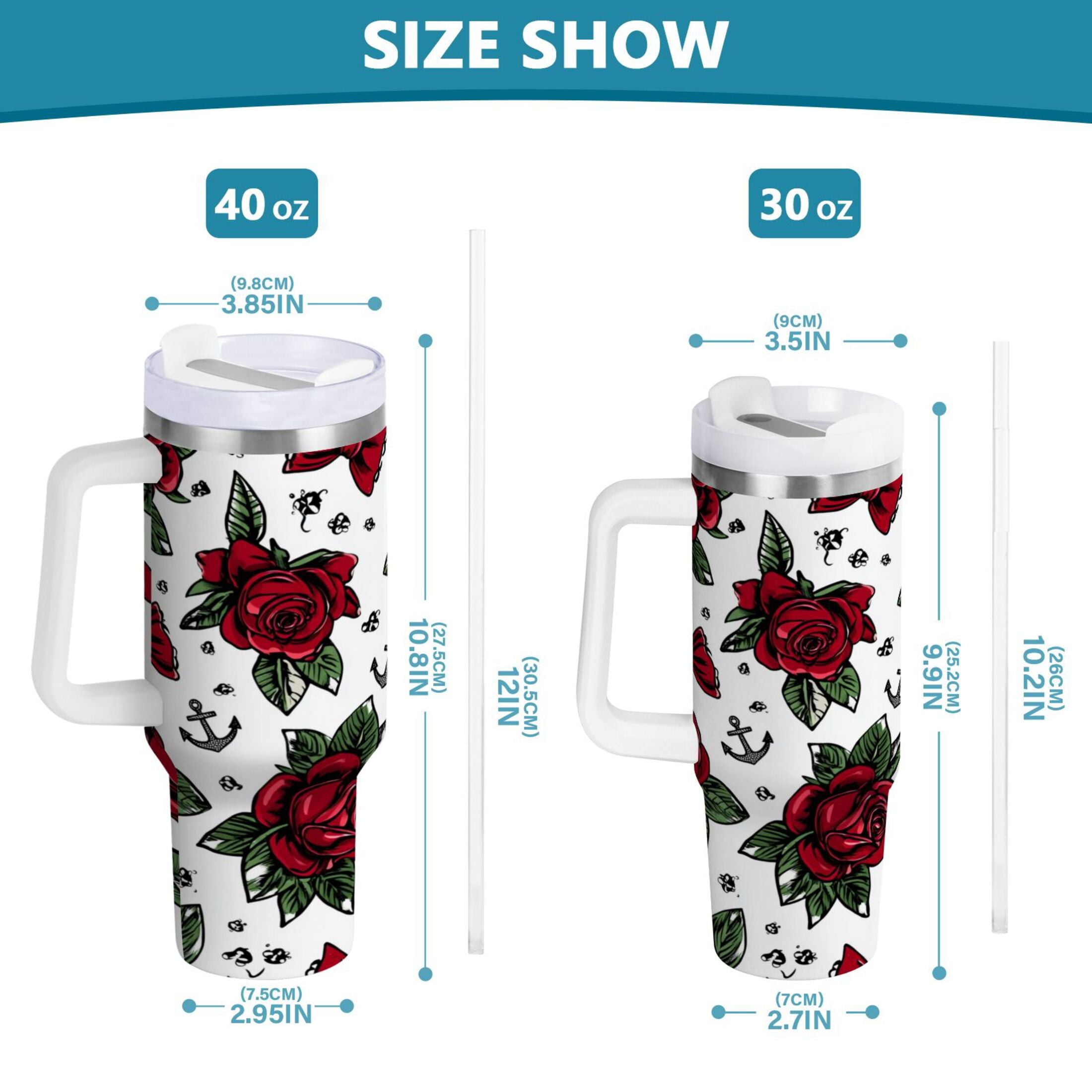 40 oz Insulated Stainless Steel Tumbler Double Wall Stainless Steel Tumbler with 2-Way Drinking Red Roses and Cherries - 5GYM