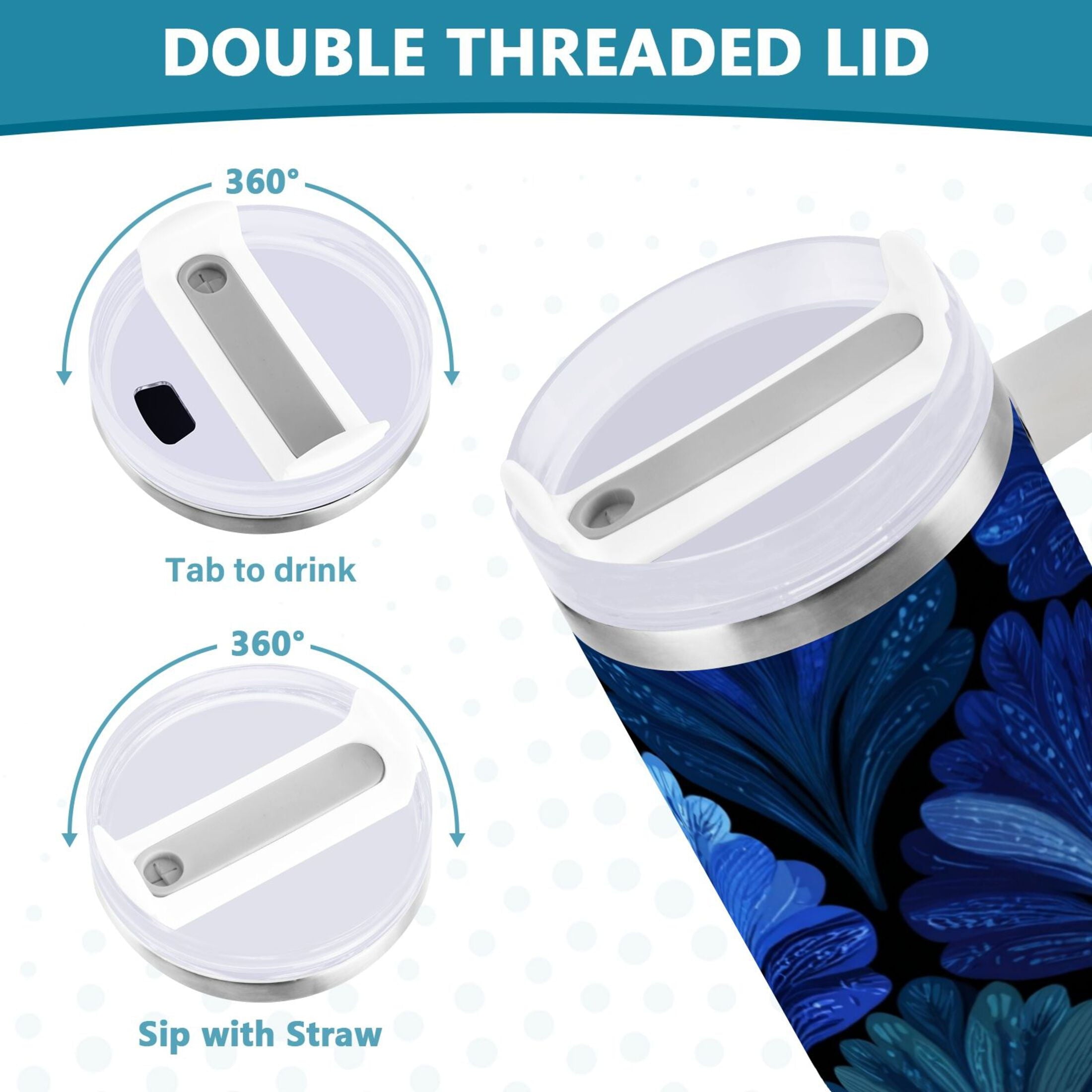 30 oz Insulated Stainless Steel Tumbler Double Wall Stainless Steel Tumbler with 2-Way Drinking Blue Batik Leaves Pattern - HXC9