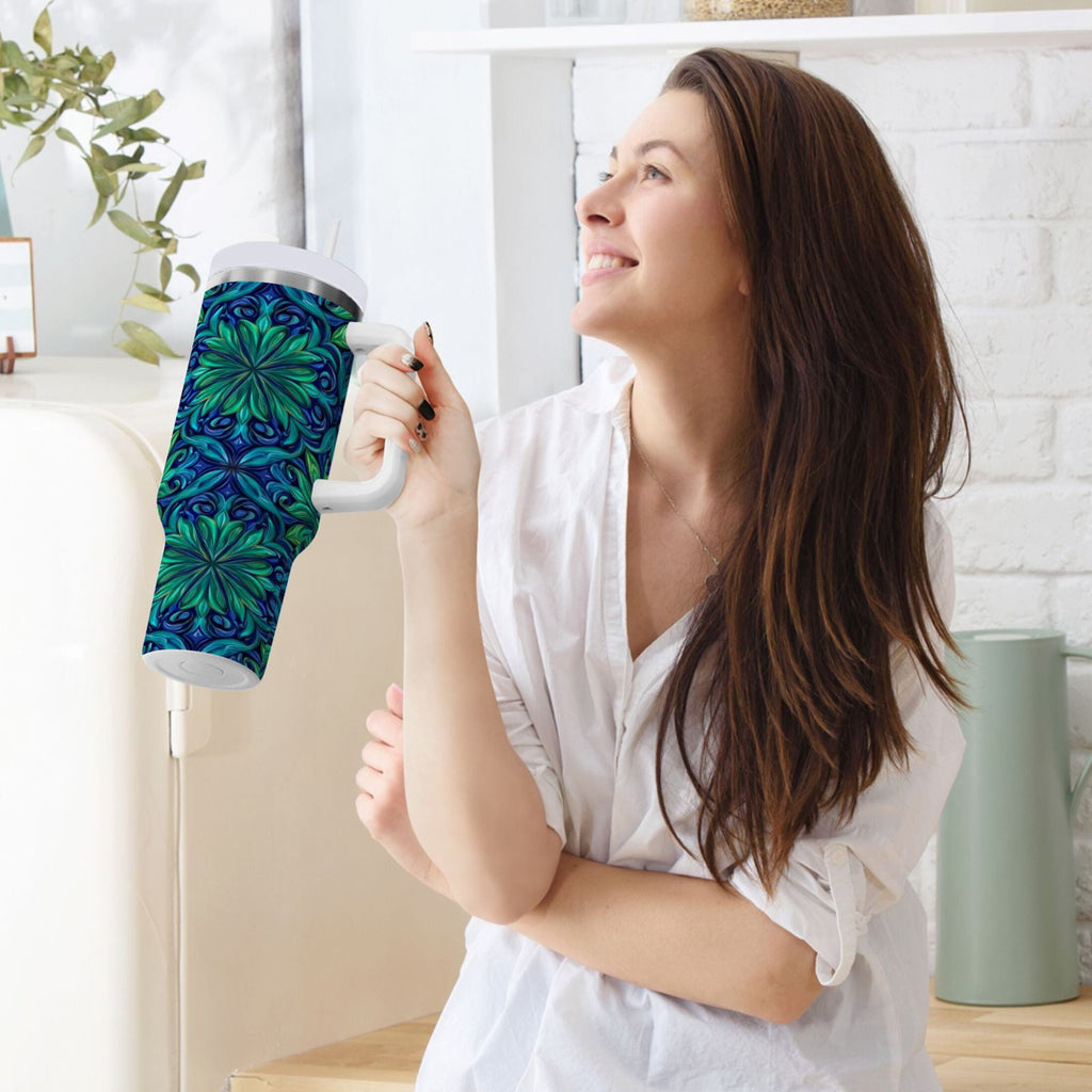 40 oz Insulated Stainless Steel Tumbler Double Wall Stainless Steel Tumbler with 2-Way Drinking Elegant Blue Traditional Patterns - W90O