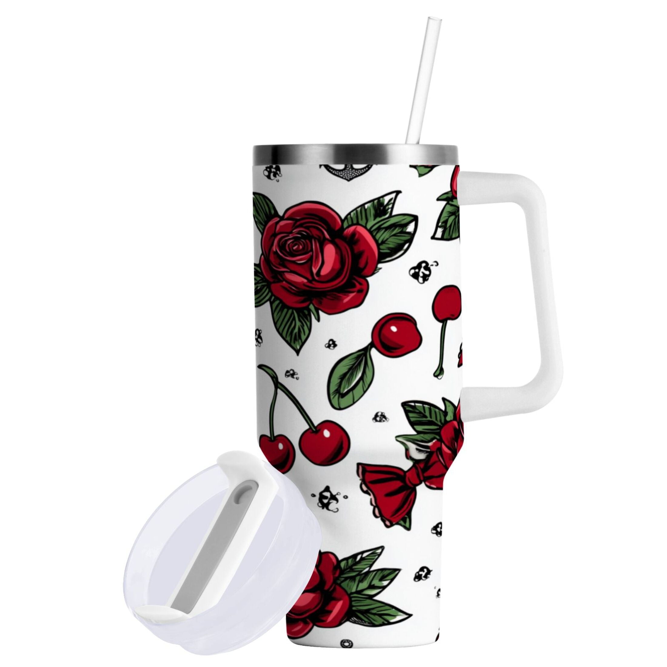 40 oz Insulated Stainless Steel Tumbler Double Wall Stainless Steel Tumbler with 2-Way Drinking Red Roses and Cherries - 5GYM