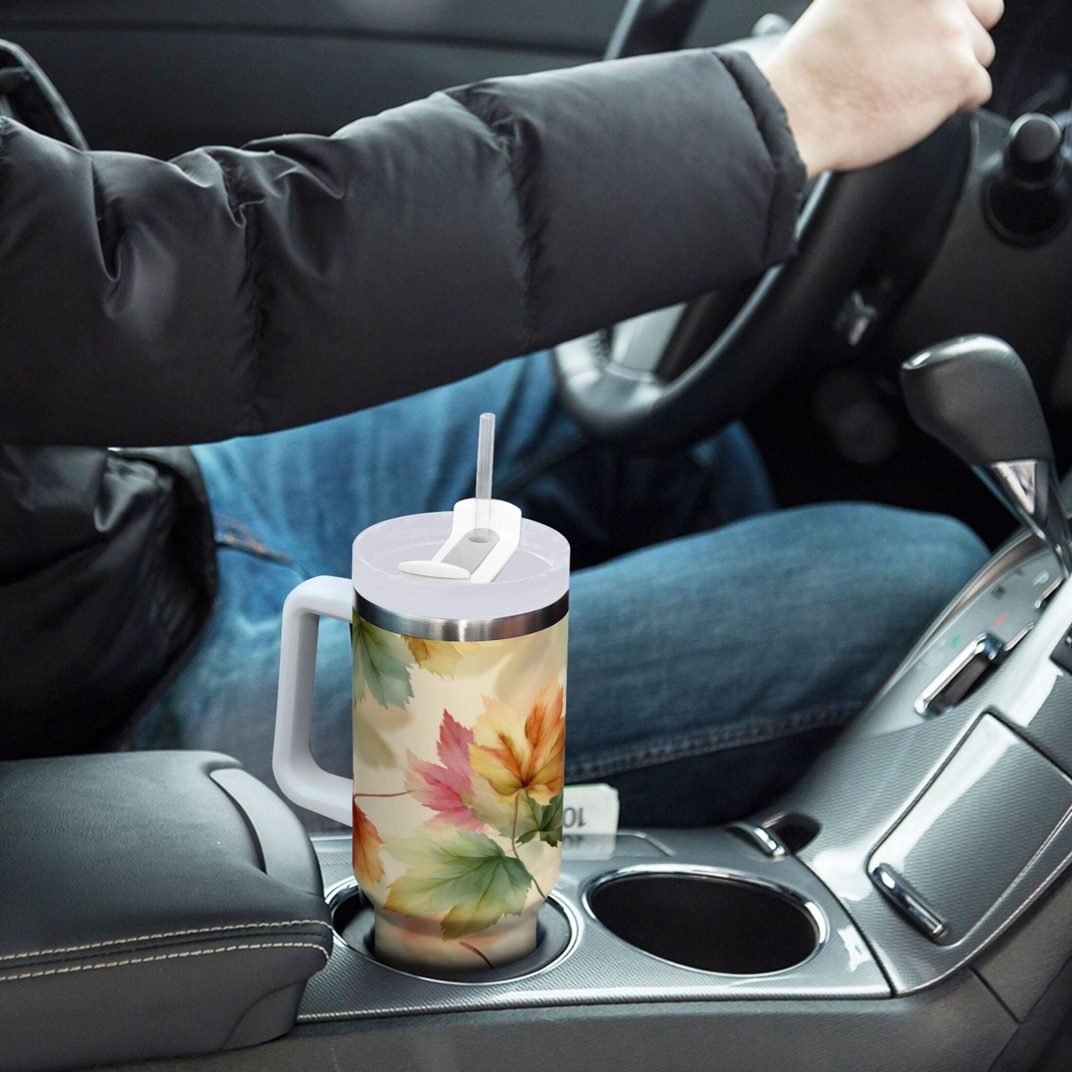 40 oz Insulated Stainless Steel Tumbler Double Wall Stainless Steel Tumbler with 2-Way Drinking Watercolor Maple Leaves Pattern - 8WWO